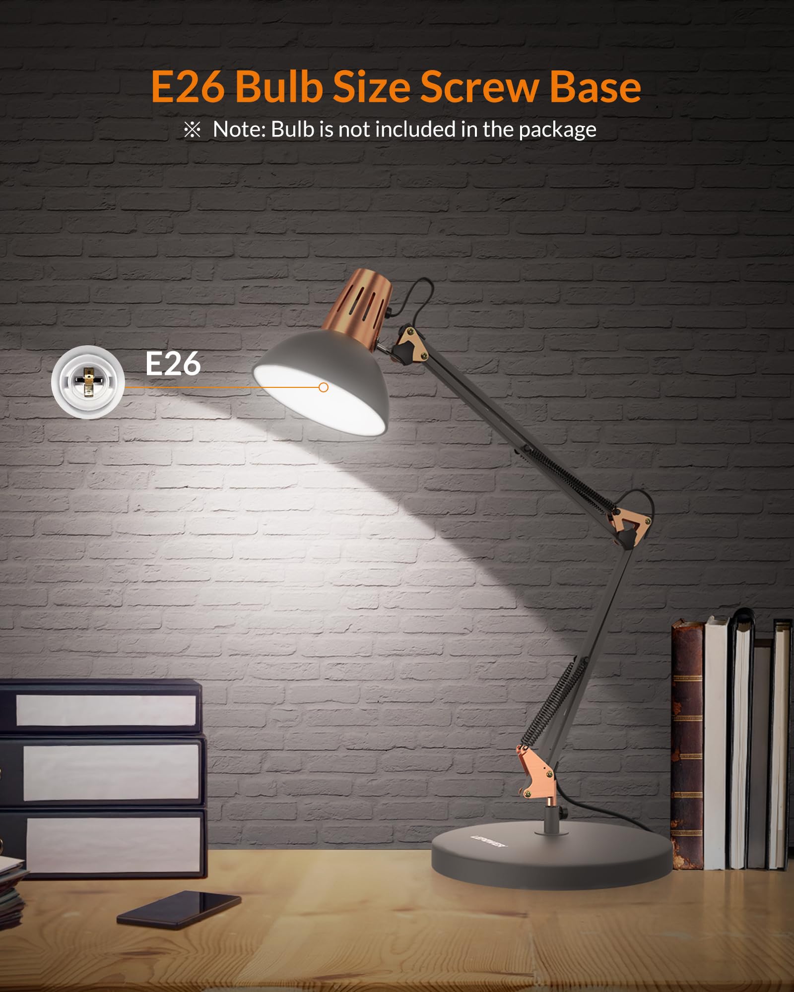 LEPOWER Adjustable Metal Desk Lamp with On/Off Switch, Sandy Black, Model UT2020, Eye-Caring for Bedroom & Office