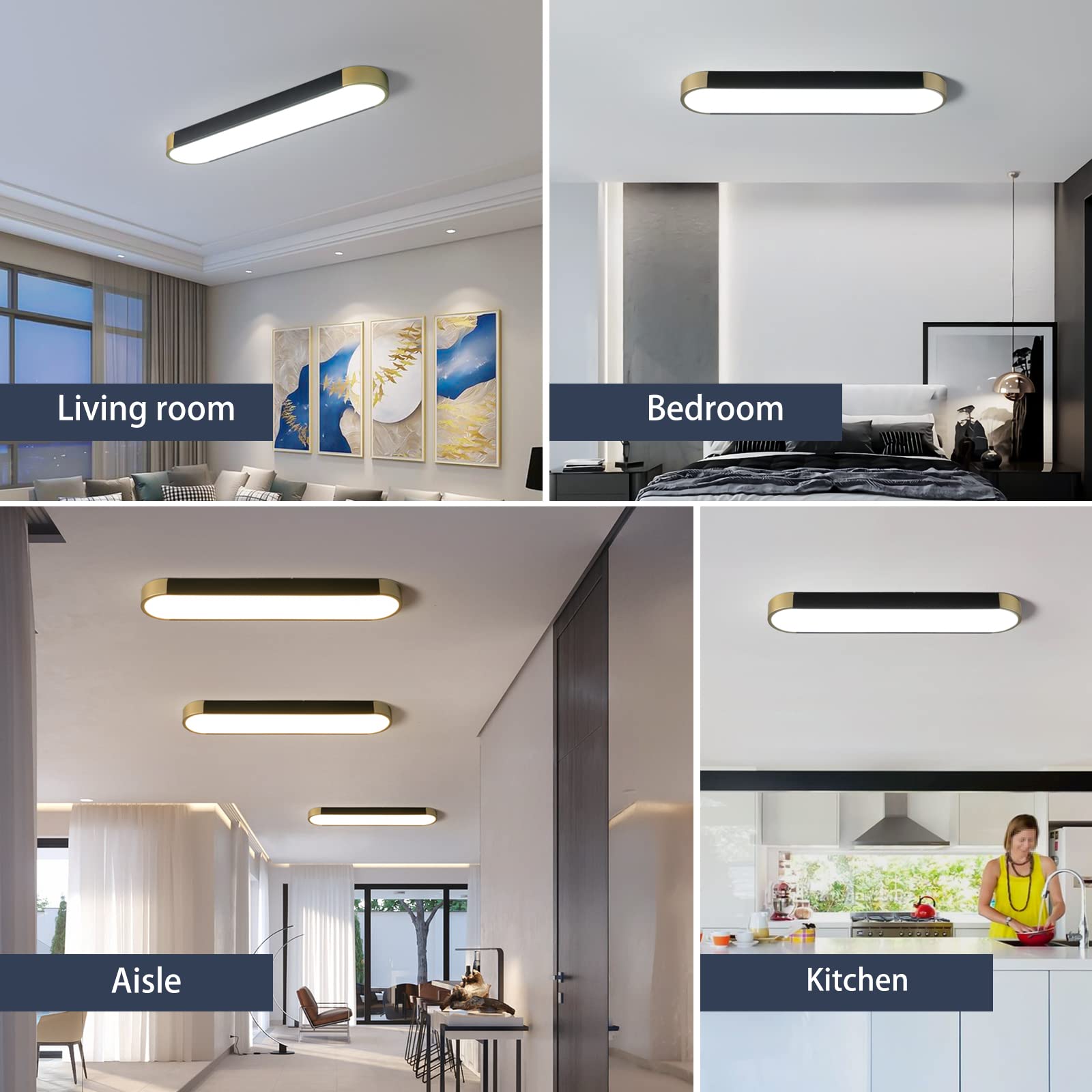 Tioolo Modern Acrylic Linear Ceiling Light, Dimmable LED, 36W, Black+Gold, Remote Control, 27.5in L, Perfect for Kitchen & Living Room