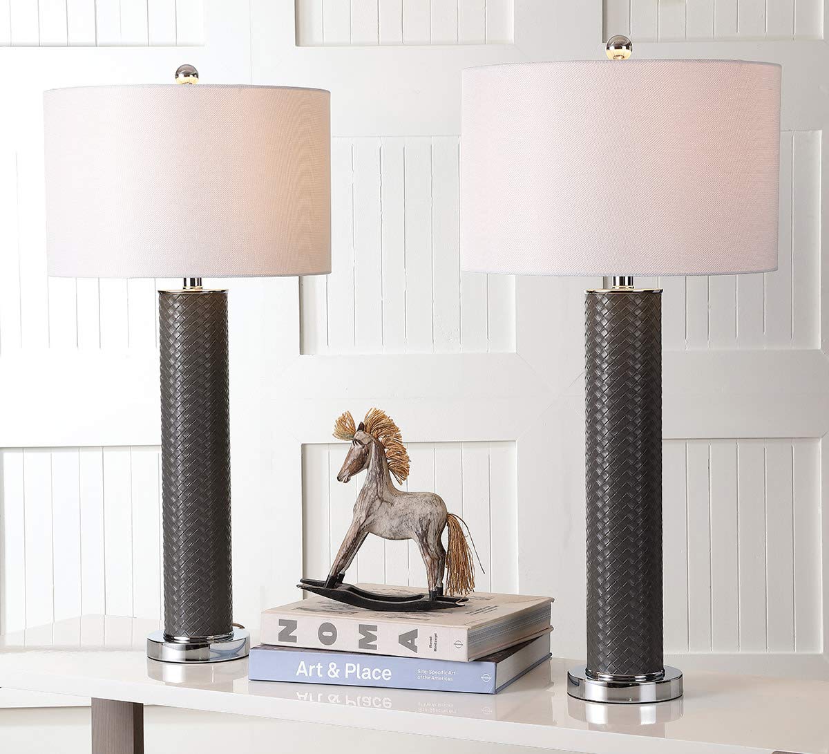 SAFAVIEH Desk Lamp Set of 2, Modern Grey Faux Woven Leather, 32-inch, LED Bulbs Included, Model LIT4404J-SET2