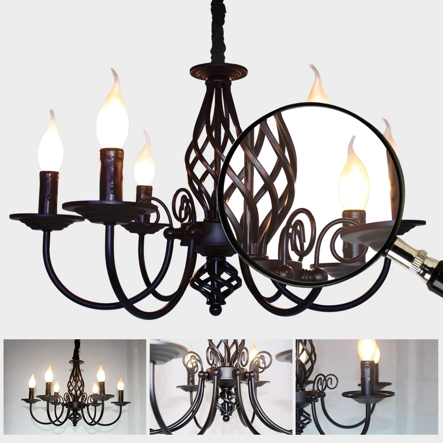 Jaycomey 6-Light Vintage Candle Chandelier, Black Iron Farmhouse Pendant For Kitchen & Dining Room