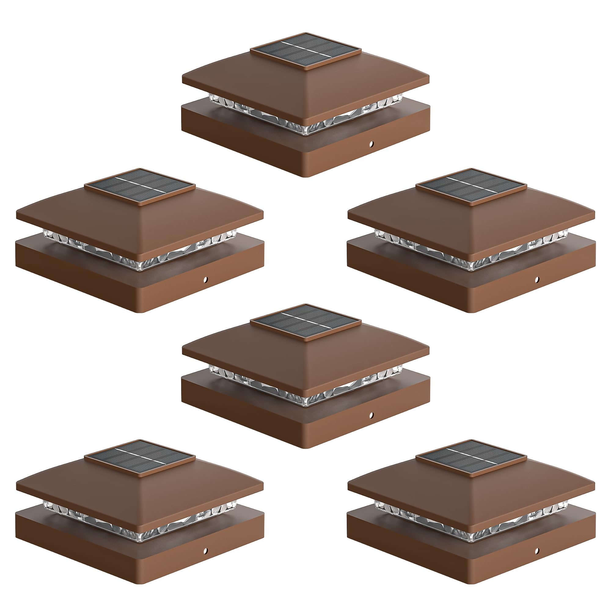 APONUO Solar Post Cap Lights for 4x4 Posts - IP64 Waterproof  3000/6500K LED  Wireless Fence Lights & Deck Lights for Patios  Gardens  and Yards  Brown-Warm/Cool White  6-Pack
