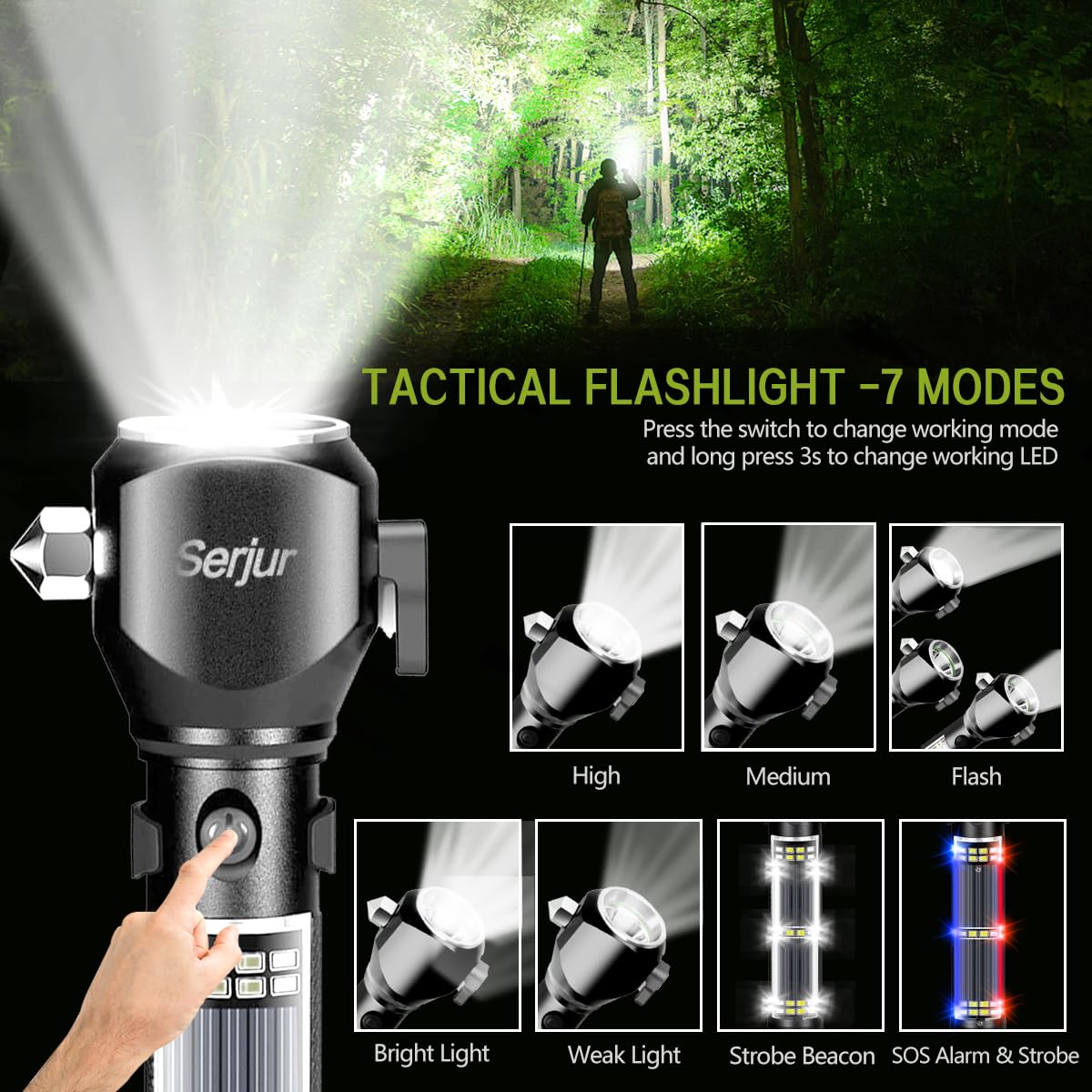 Serjur Rechargeable Solar Powered Flashlight, LED Tactical Multi-Function, Black, Aluminum, Model bfcz-01, Ideal for Emergencies & Camping