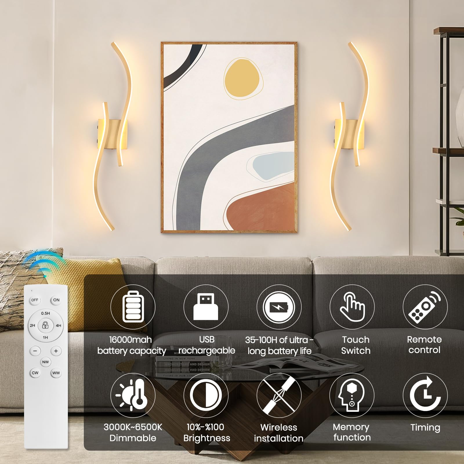 Caneoe Battery Operated Wall Sconces With Remote Control,Rechargeable Dimmable Touch Wall Sconces Set Of Two,3000K-6500K Led Wir