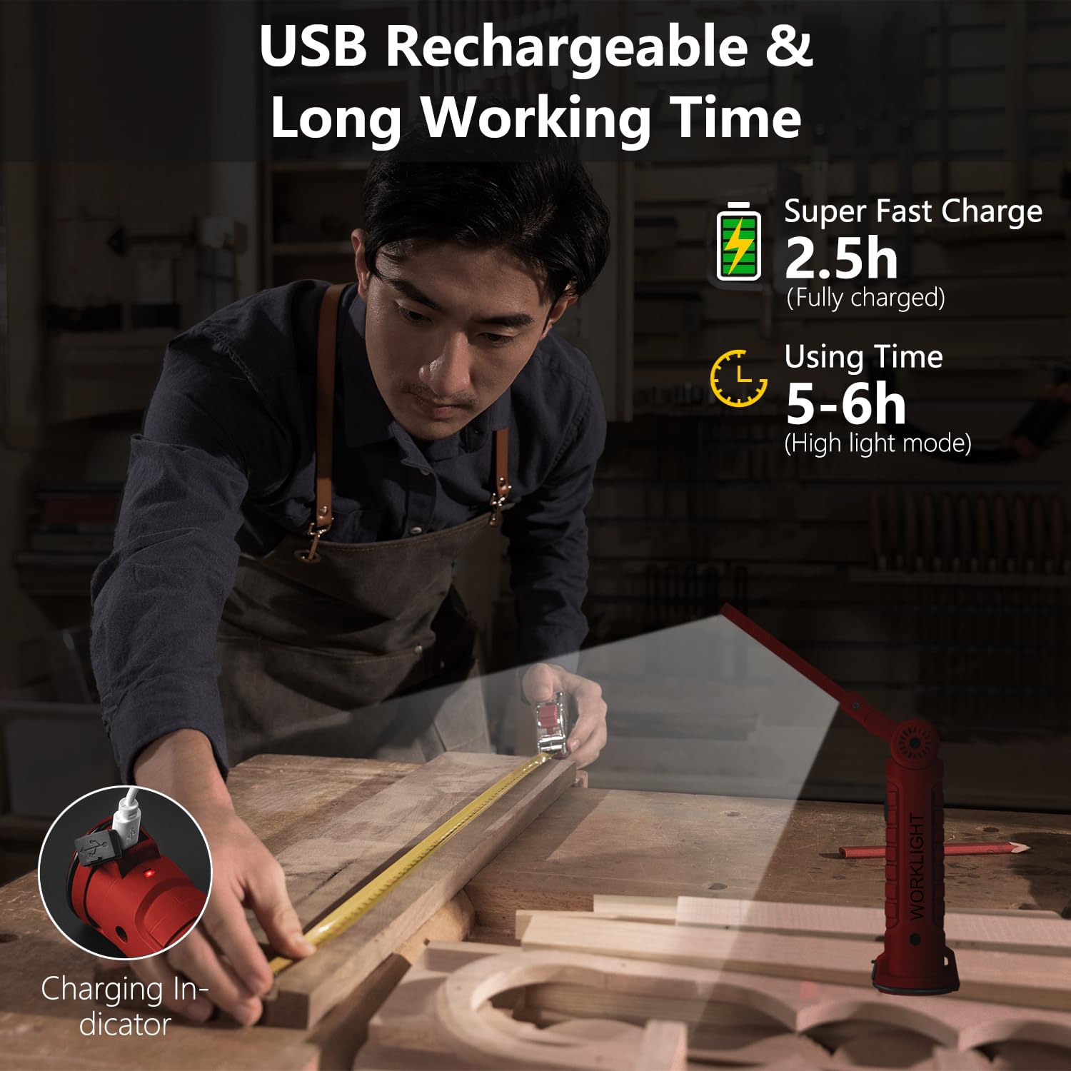 Working Light Portable, Rechargeable Work Lights With Magnetic Base Hanging Hook,360 Rotate 5 Modes,Cob Led 800 Lumens Foldable