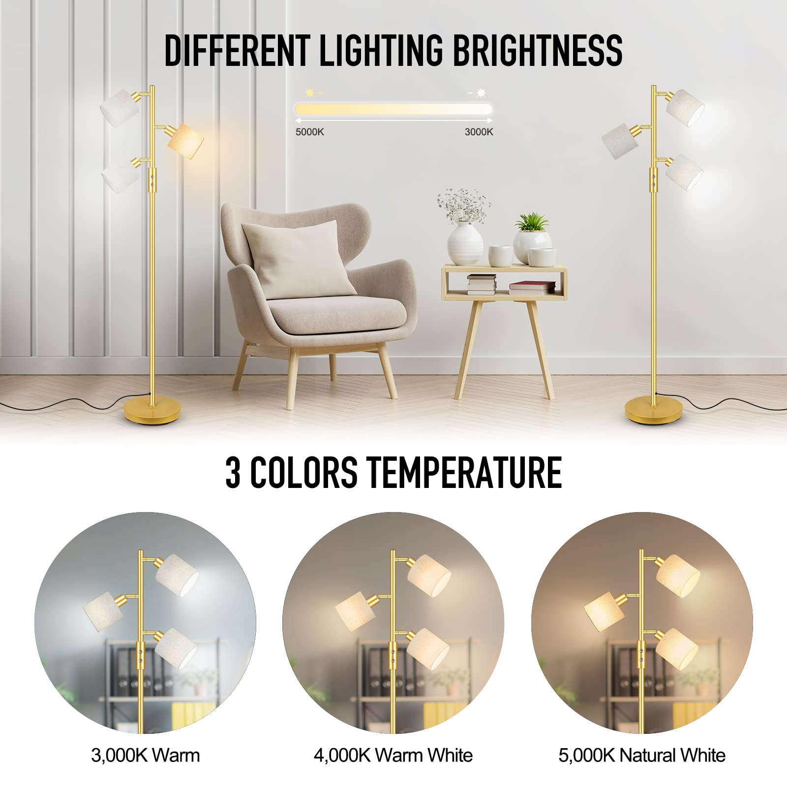 Gold Floor Lamps For Living Room, 3 Color Temperature, Standing Lamp With Shade For Bedroom, Reading (5W Led Bulbs)