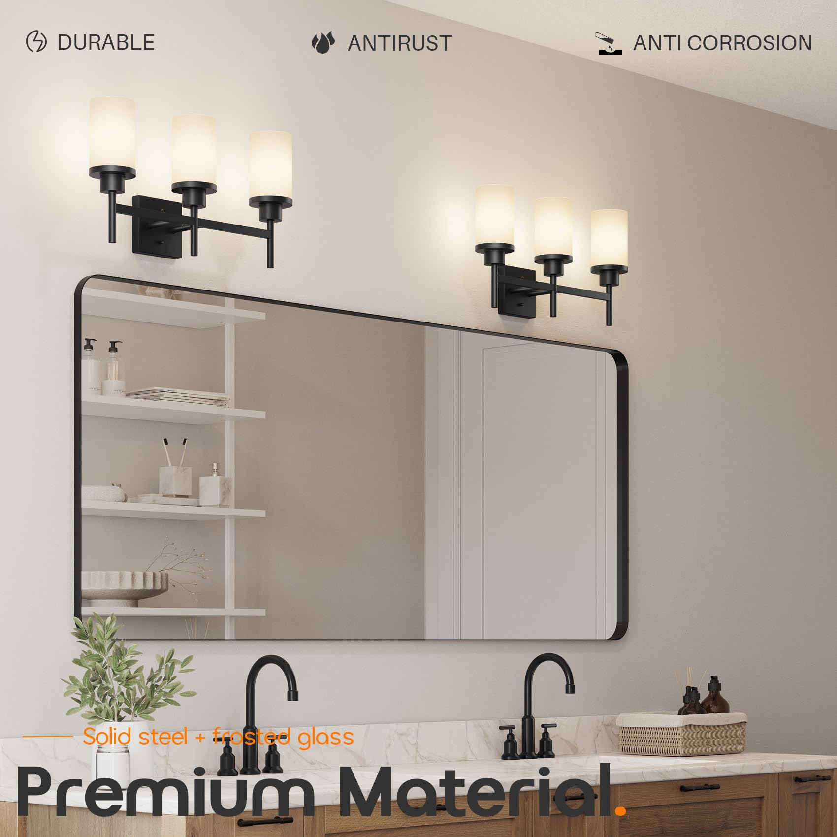 Aoneon Bathrom Light Fixtures Matte Black 3 Lights Over Mirror  Wall Sconces Lighting With White Frosted Glass Shade For Toilet Washroom Bath T001Mb-L3