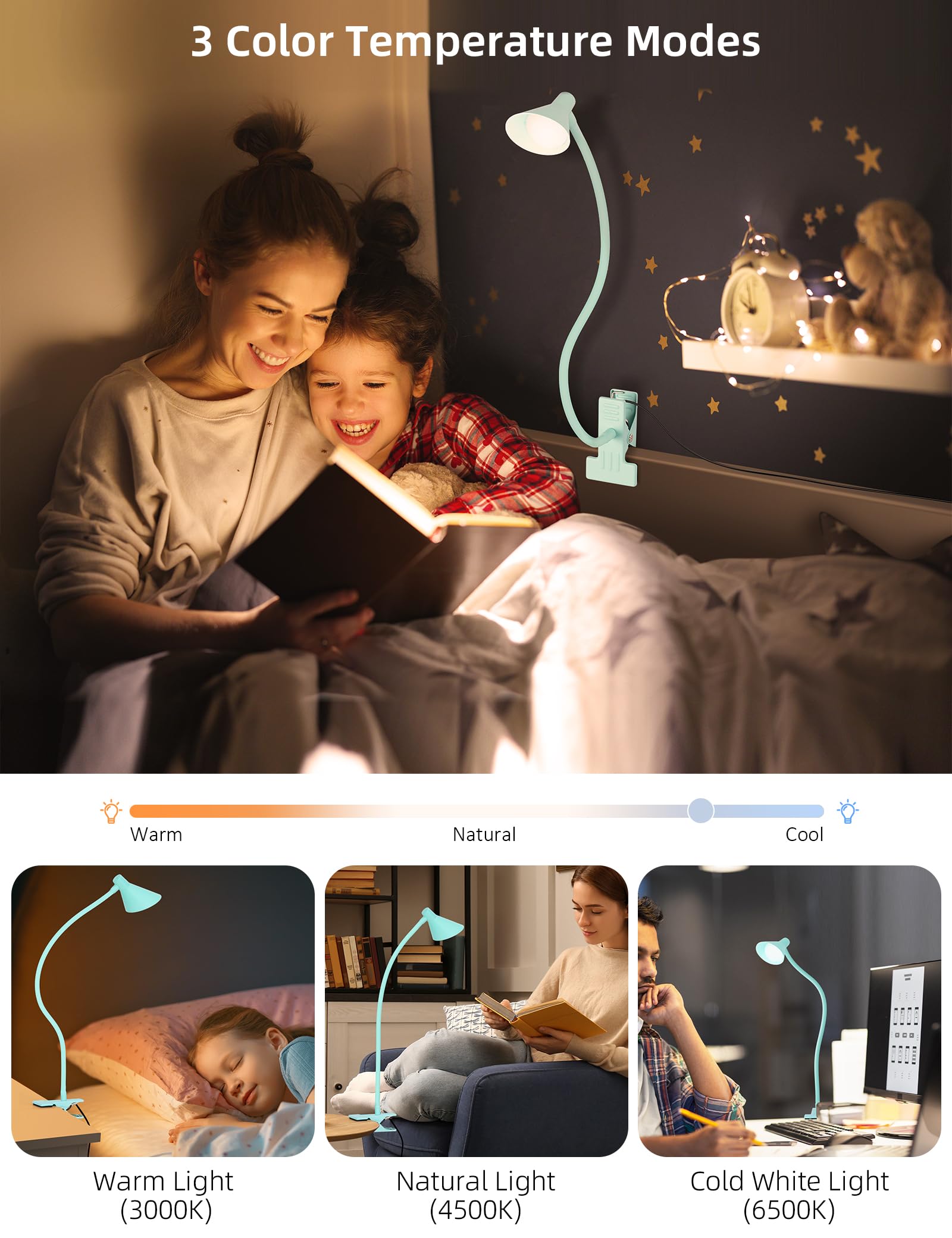Lifmira Desk Lamp Clip On Lamp For Bed Headboard Reading Light For Bed, 3 Color Modes 10 Dimmable Brightness, Book Light For Rea