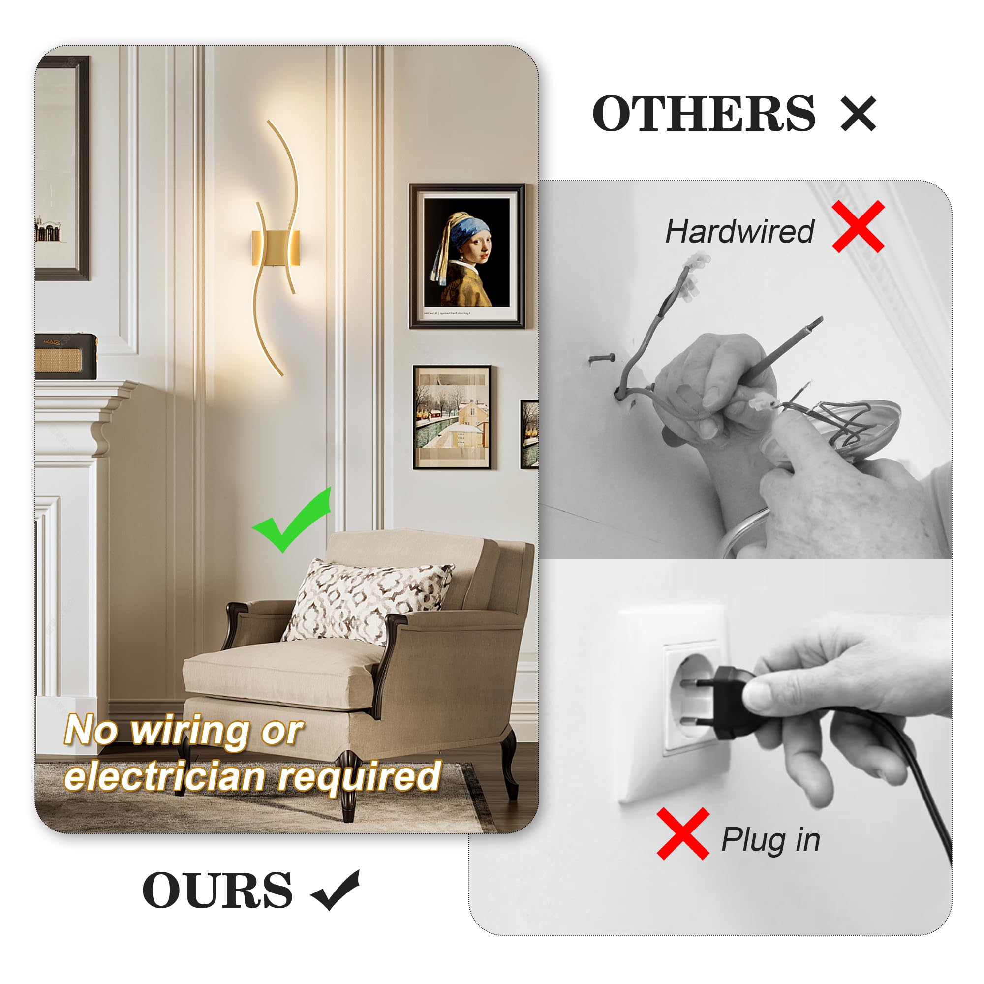 KARTOOSH Battery Operated Wall Sconces Set, Remote Control, Dimmable LED, Gold, 27.5 Inch (2 Pack), Model ZM319BGD70