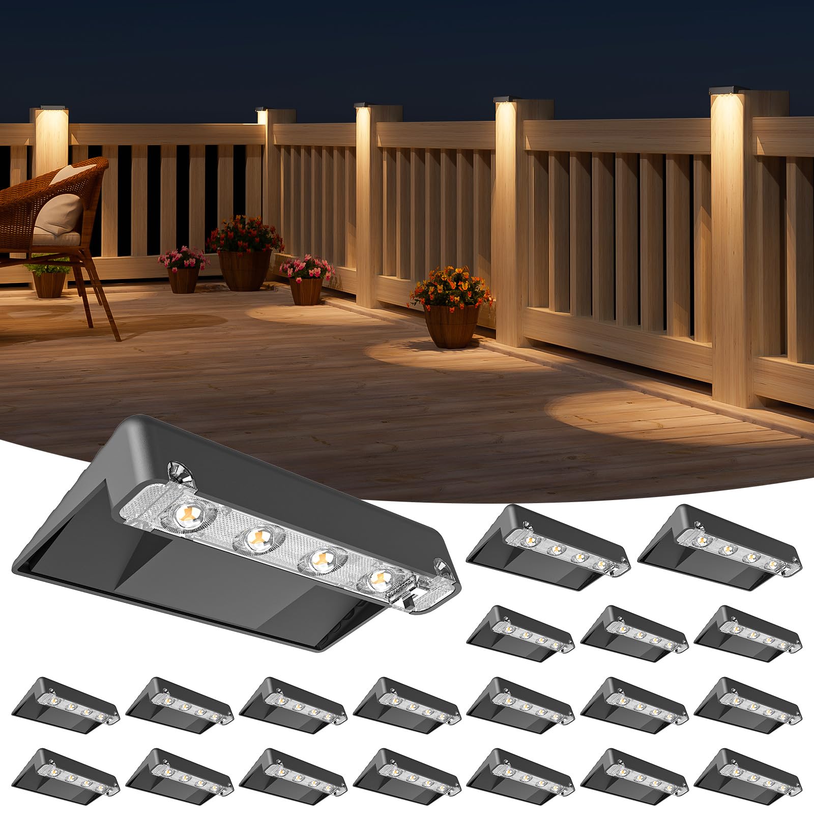 NIORSUN Solar Deck Lights Outdoor 20 Pack  IP65 Waterproof Large Size LED Stair Lights with Lenses  Auto ON Off Warm White Step Lights for Outside  Deck  Patio  Fence  Yard  Pathway and Railing Decor