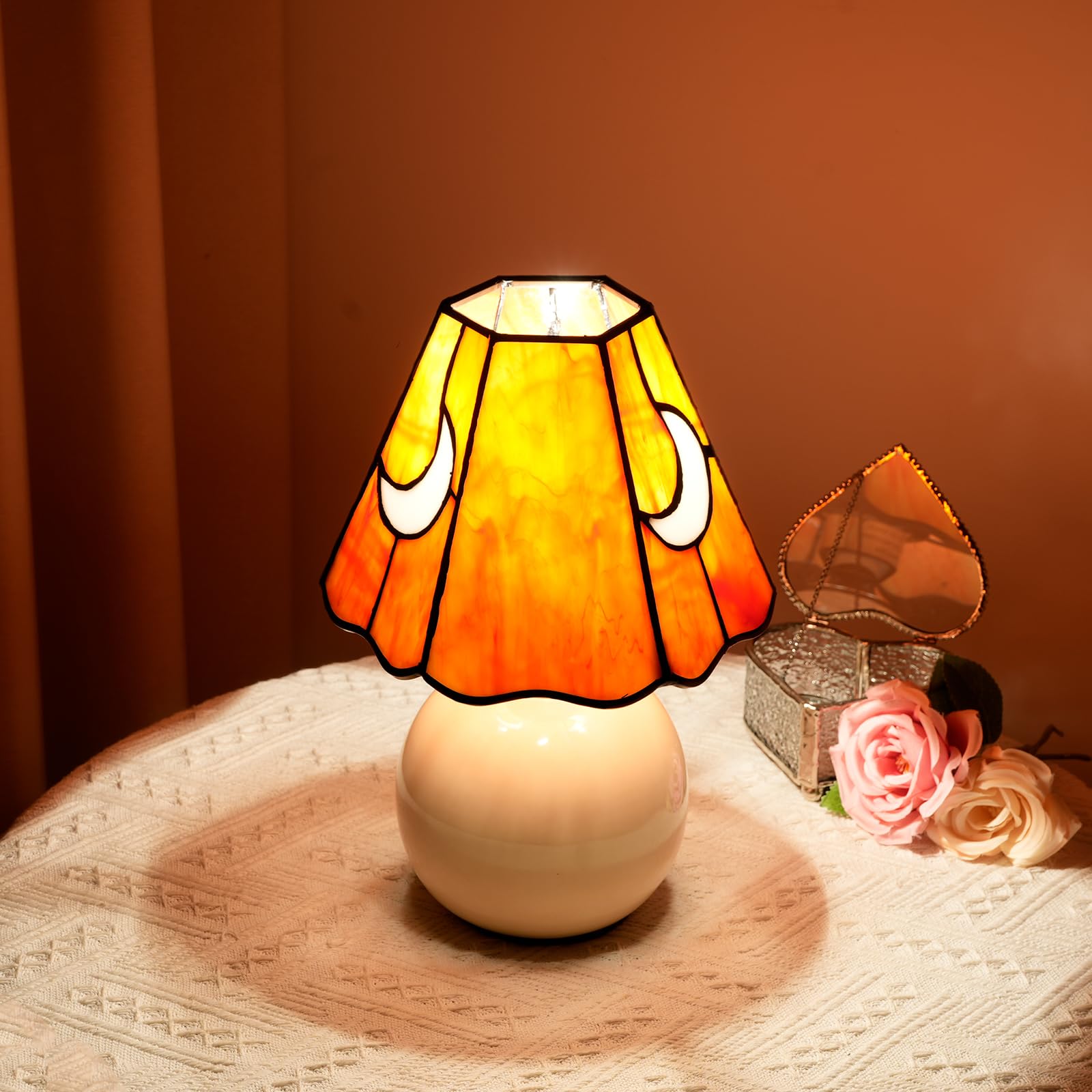KIPHEPI Mushroom Lamp - Stained Glass Bedside Table Lamp, Orange, Model OFU1179, Ideal for Bedroom & Living Room Decor, Bulb Included