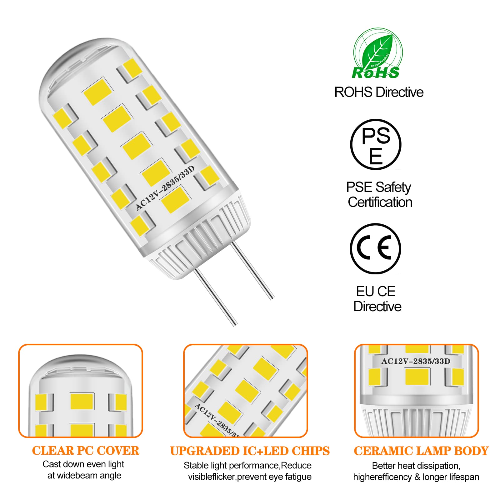 Yucclim 3W JC G4 LED Bulbs - Warm White - AC/DC 12V - Equivalent to 35W Halogen - T3 G4 - Energy Saving, No Flick