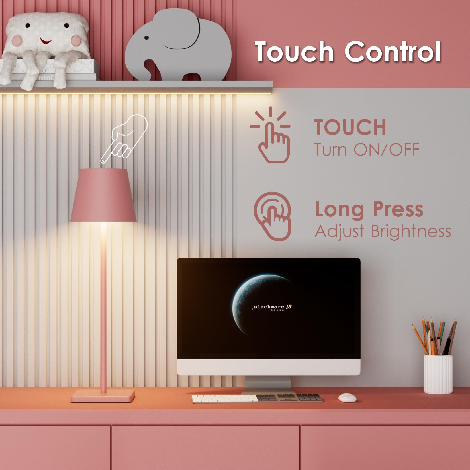 Aoceley LED Cordless Table Lamp, Rechargeable, 3W, 5500mAh, Stepless Dimming, 2-Pack, Pink, Model HT-010