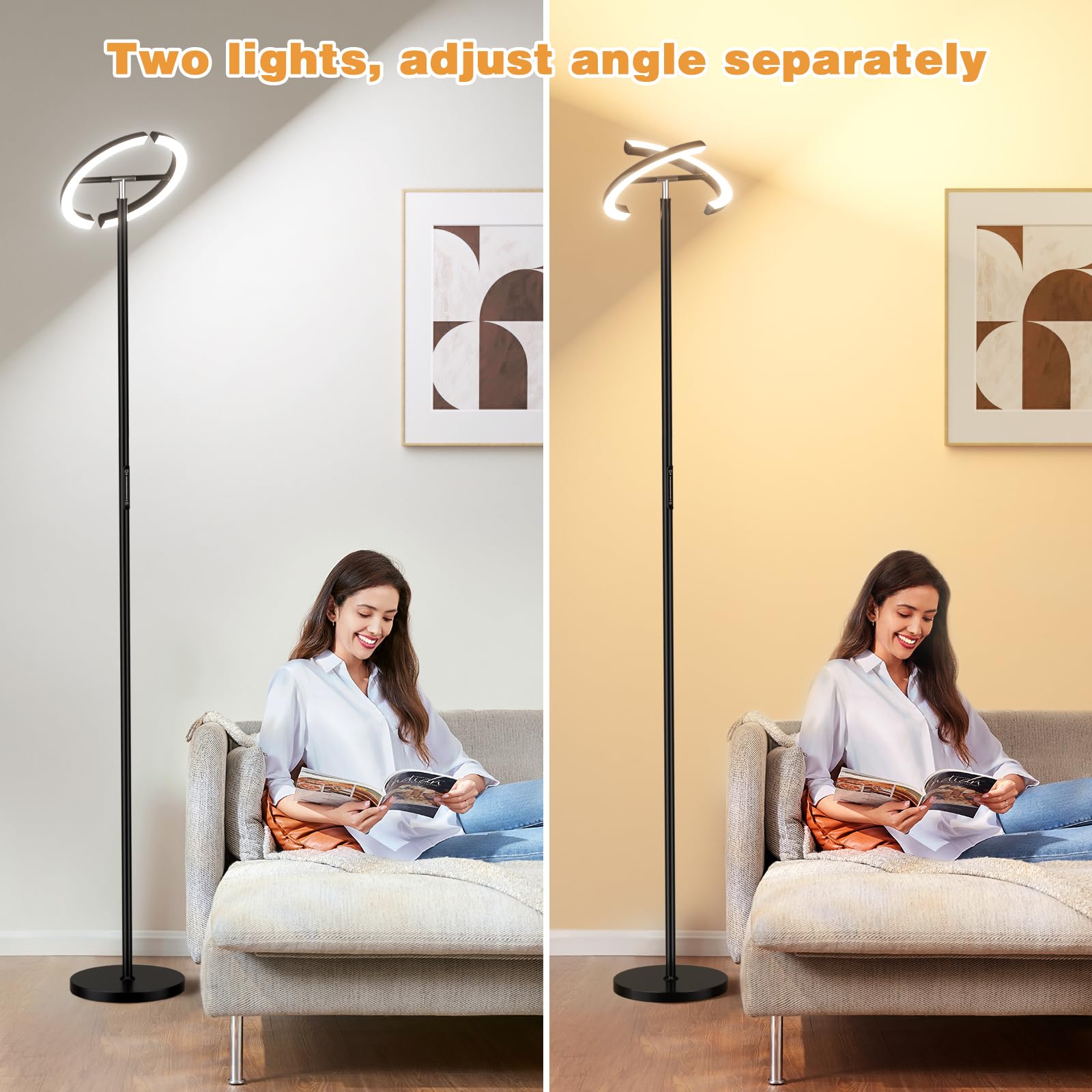 PreeOtti LED Floor Lamp - 73.6 Tall Modern Standing Lamp with 2 Rotatable Lights, Remote & Touch Control, 36W Bright Stepless Di