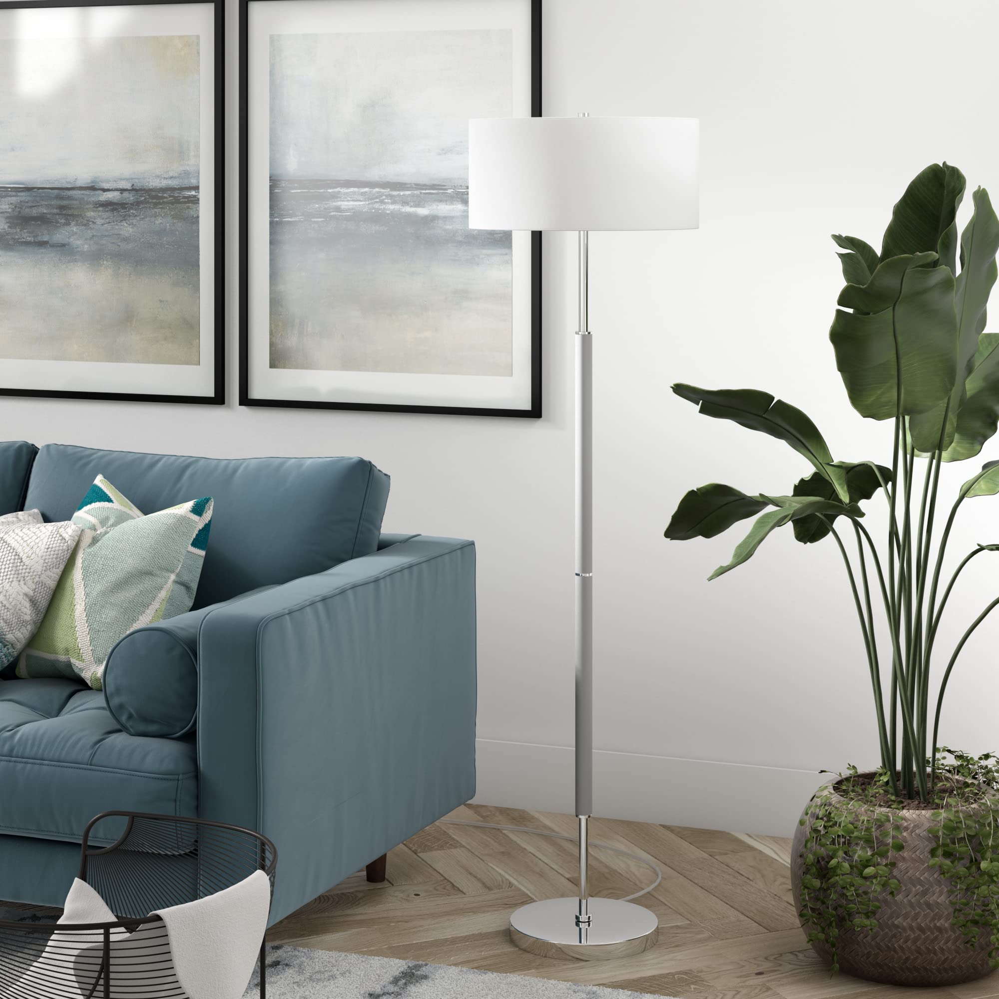 Henn&Hart 2-Light Floor Lamp, 61" Tall, Metal, Cool Gray/Polished Nickel Shade, Model FL0527, Ideal for Home Office, Bedroom, Living Room
