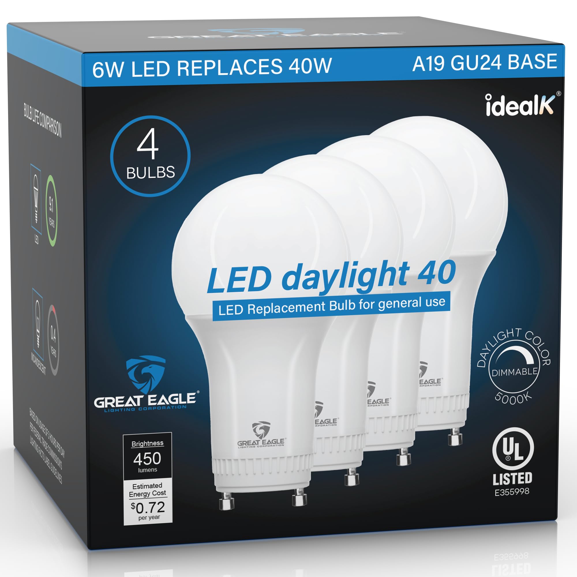 Great Eagle Dimmable LED Light Bulbs, GU24 40 Watt Equivalent, 5000K Daylight A19, 2 Prong Twist-in Light Bulb, 6W 450 Lumens 12