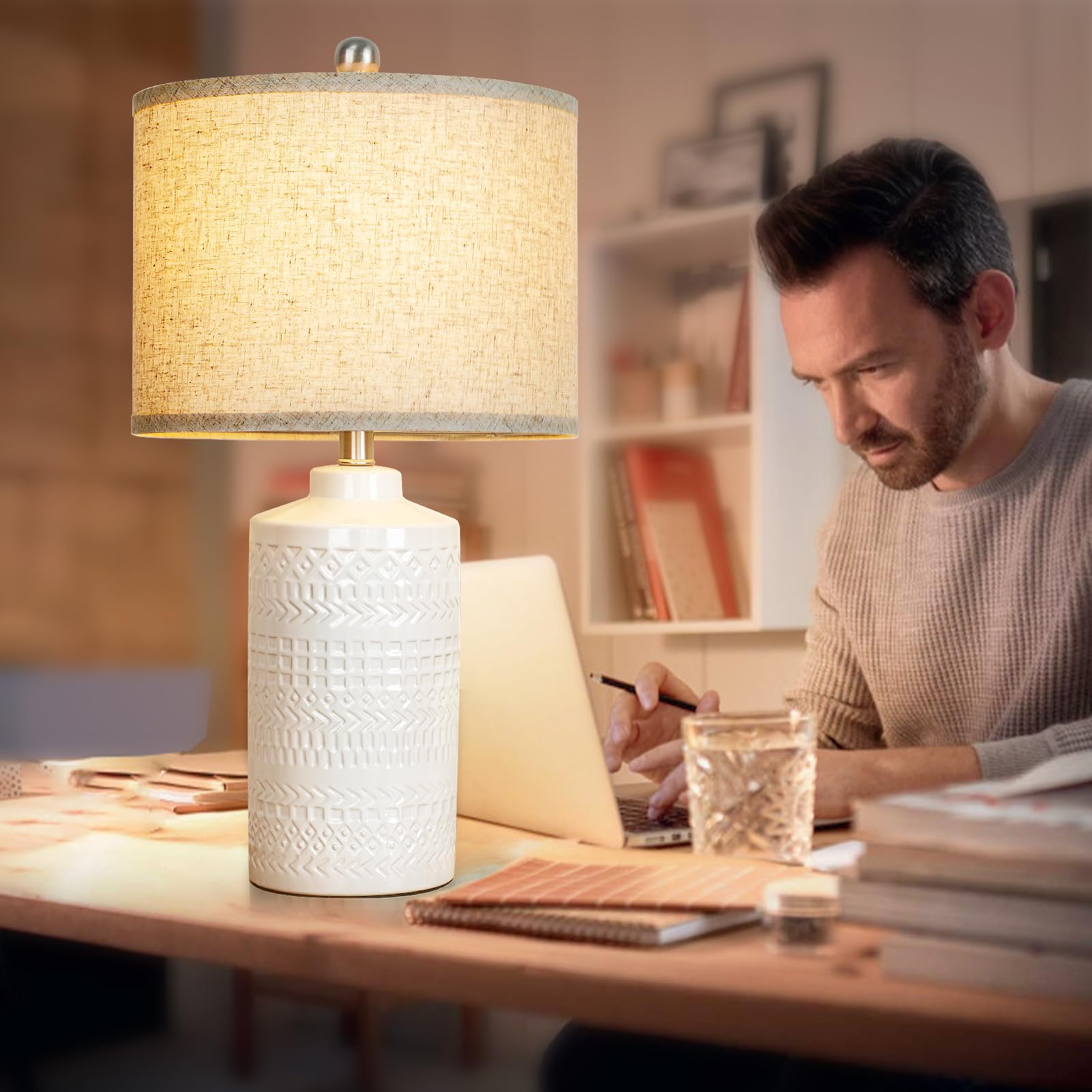 JUNNAI White Ceramic Table Lamp - 3-Way Dimmable, 24.5" Beige Shade for Living Room, Bedroom, Office