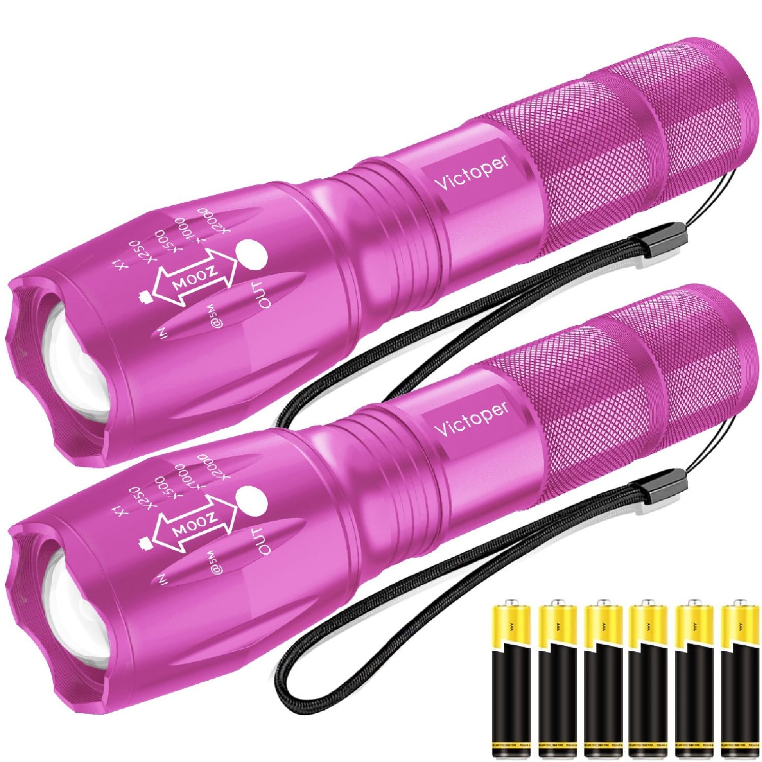 Victoper LED Flashlight 2 Pack, High Lumens, 5 Modes, Waterproof, Pink, Model VT-FLV1000-2P-Pink