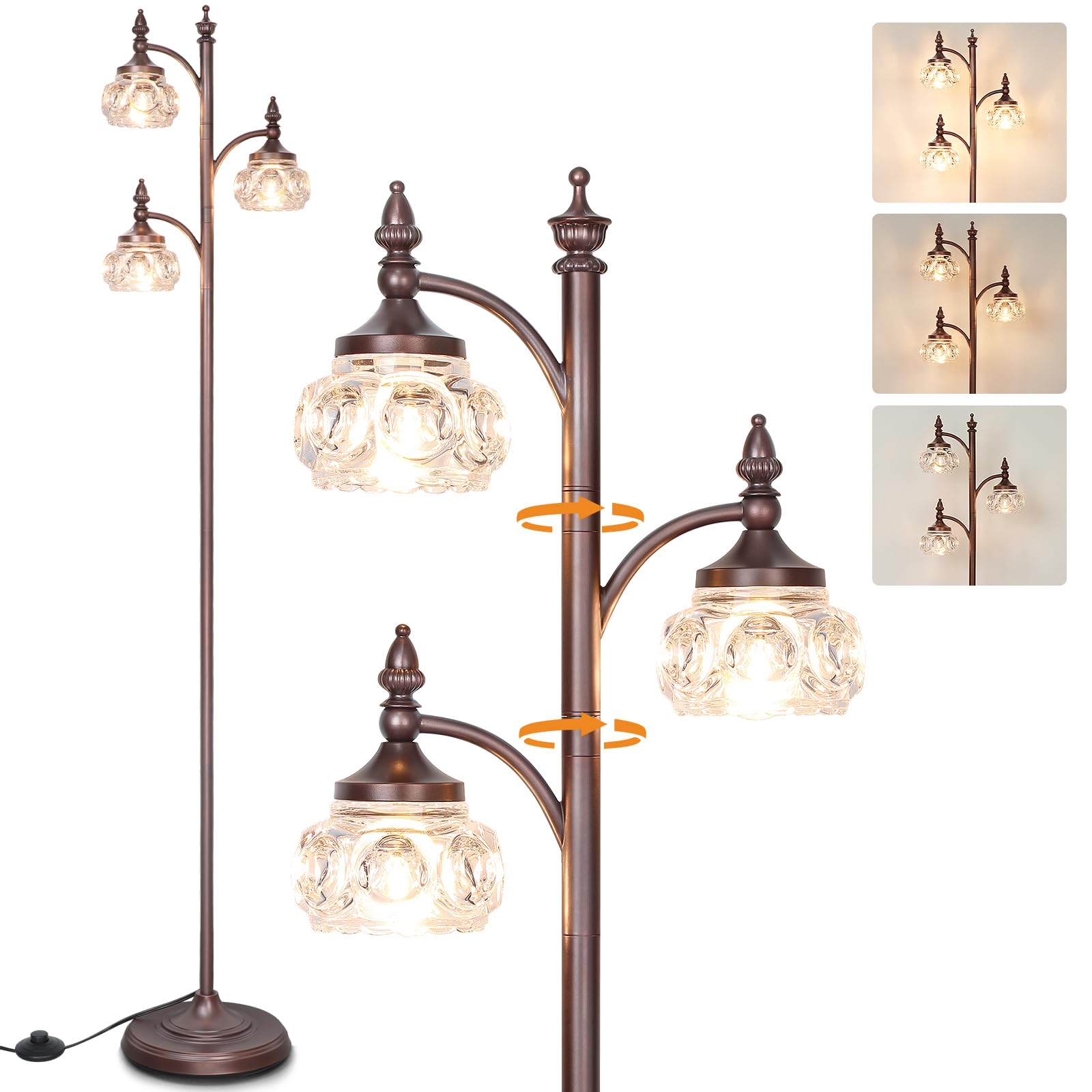 JUNNAI Brown Glass Floor Lamps for Living Room 66.5 Standing Lamp with 3 Brightness Lights Vintage Mid Century Modern Pole Bro