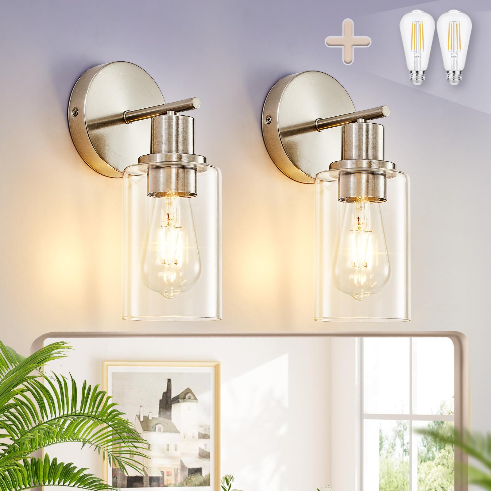 DINGLILIGHTING Wall Sconces Set of Two - Modern Nickel Vanity Lights with Clear Glass Shade - 1-Light, Brushed Nickel