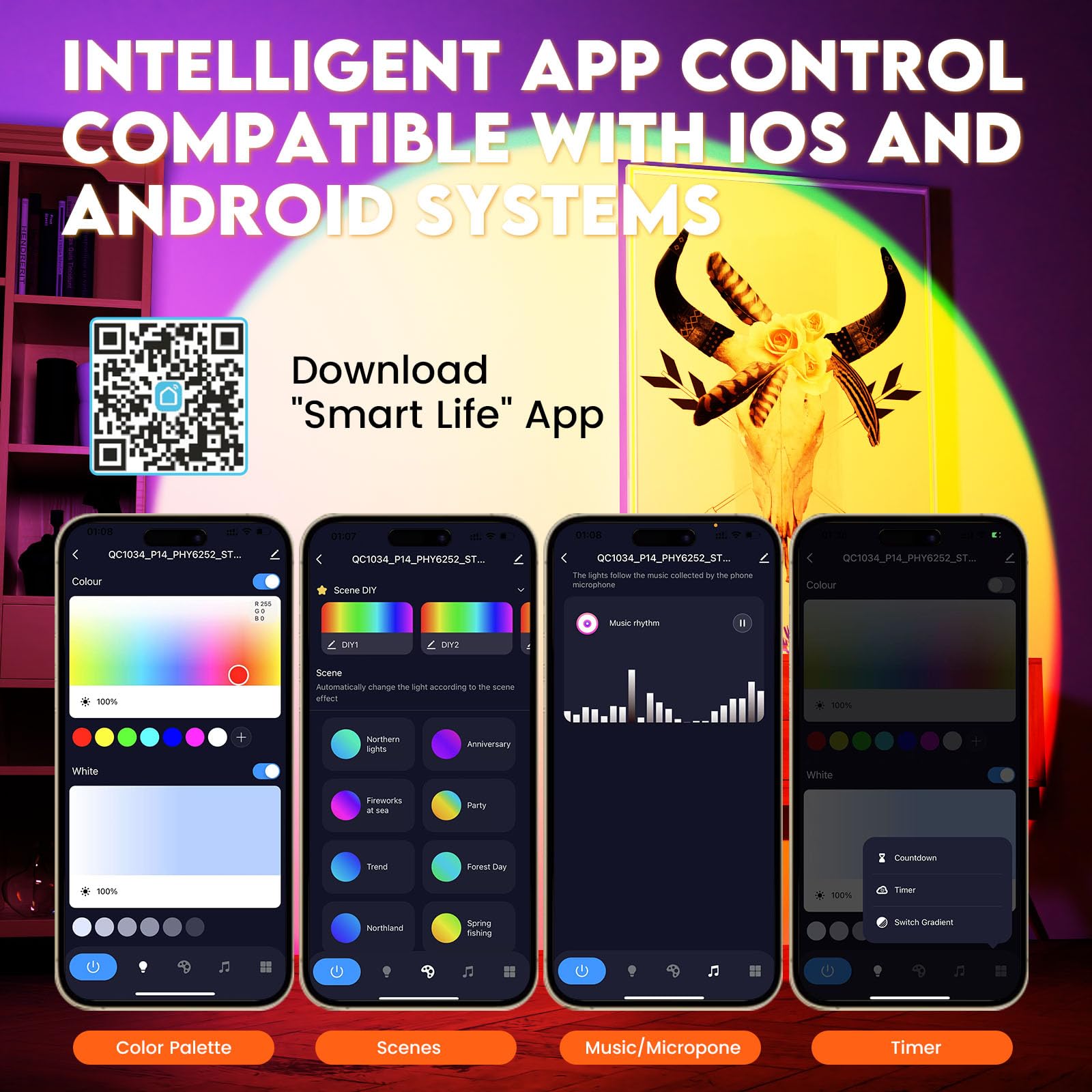 SEMRYICO Sunset Lamp Projector, APP & Remote Control, Multicolor LED, 360° Rotation, Aluminum, Model R502