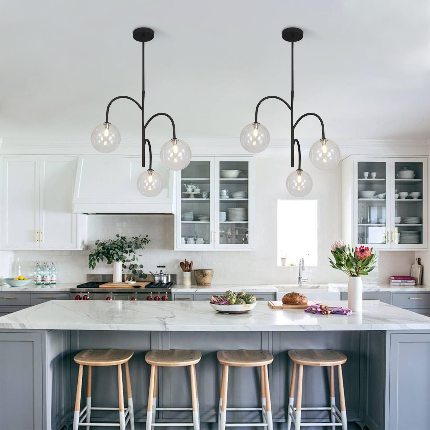 Flyrose Clear Bubble Chandelier Lighting Farmhouse Black Pendant Lighting 3-Light Kitchen Island Light Fixtures Mid Century Mode