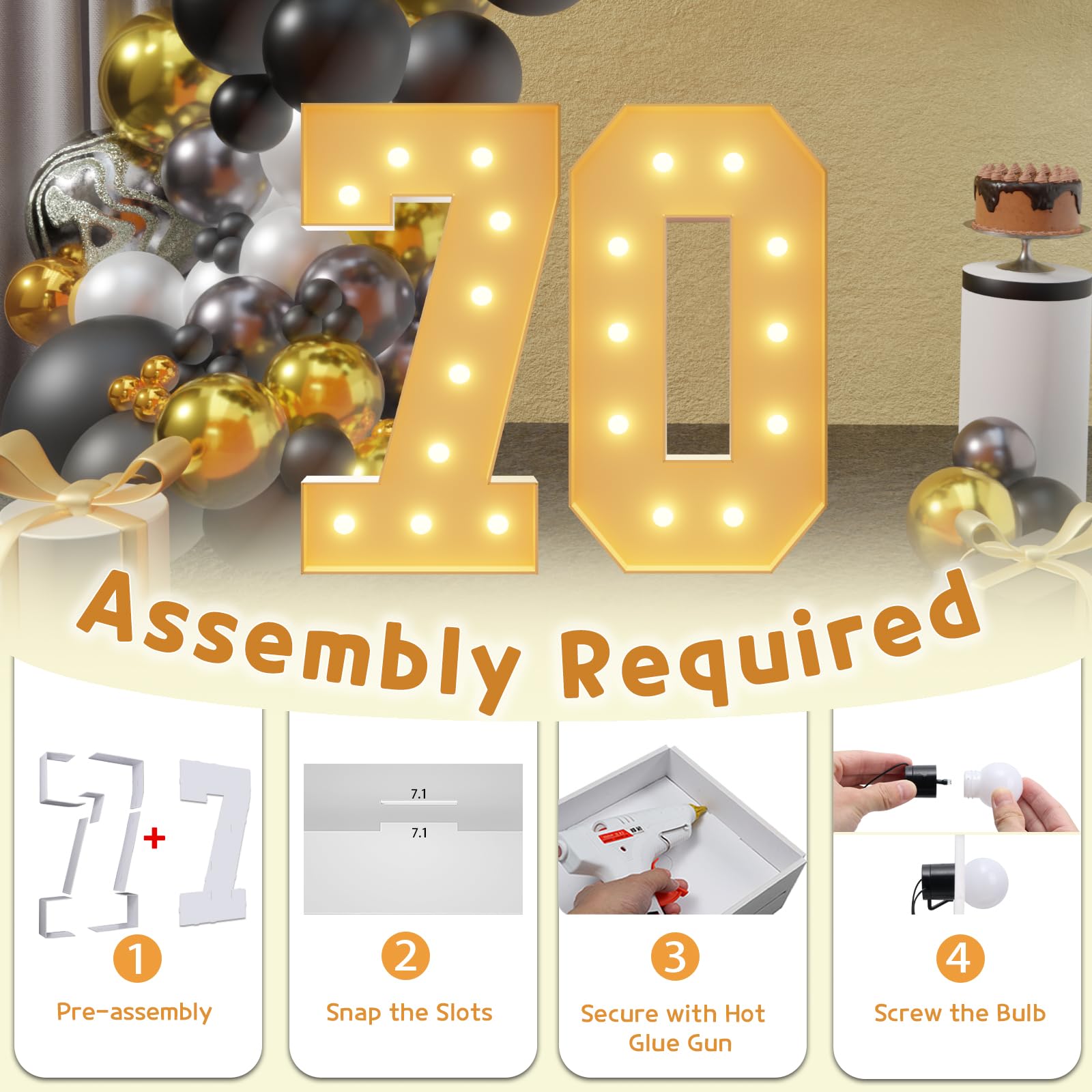 imprsv 4FT Light Up Numbers - Marquee Number 70 Birthday Decor, Foam Board Anniversary Party Decorations for Men & Women
