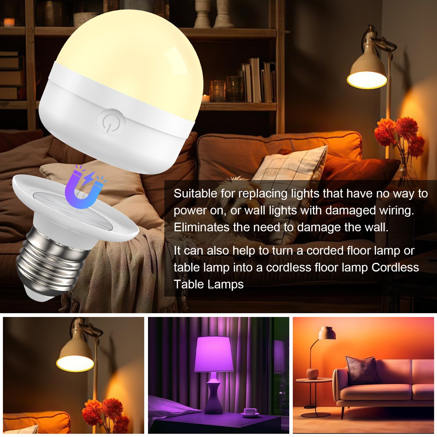 Scopow Rgb Rechargeable Battery Operated Light Bulb With Remote 15 Color Temperature,450Lm,Detachable Charging Magnetically Dimmer Timer Dimmer For Non-Hardwired (6W+3Colors+Rgb+2Pc)