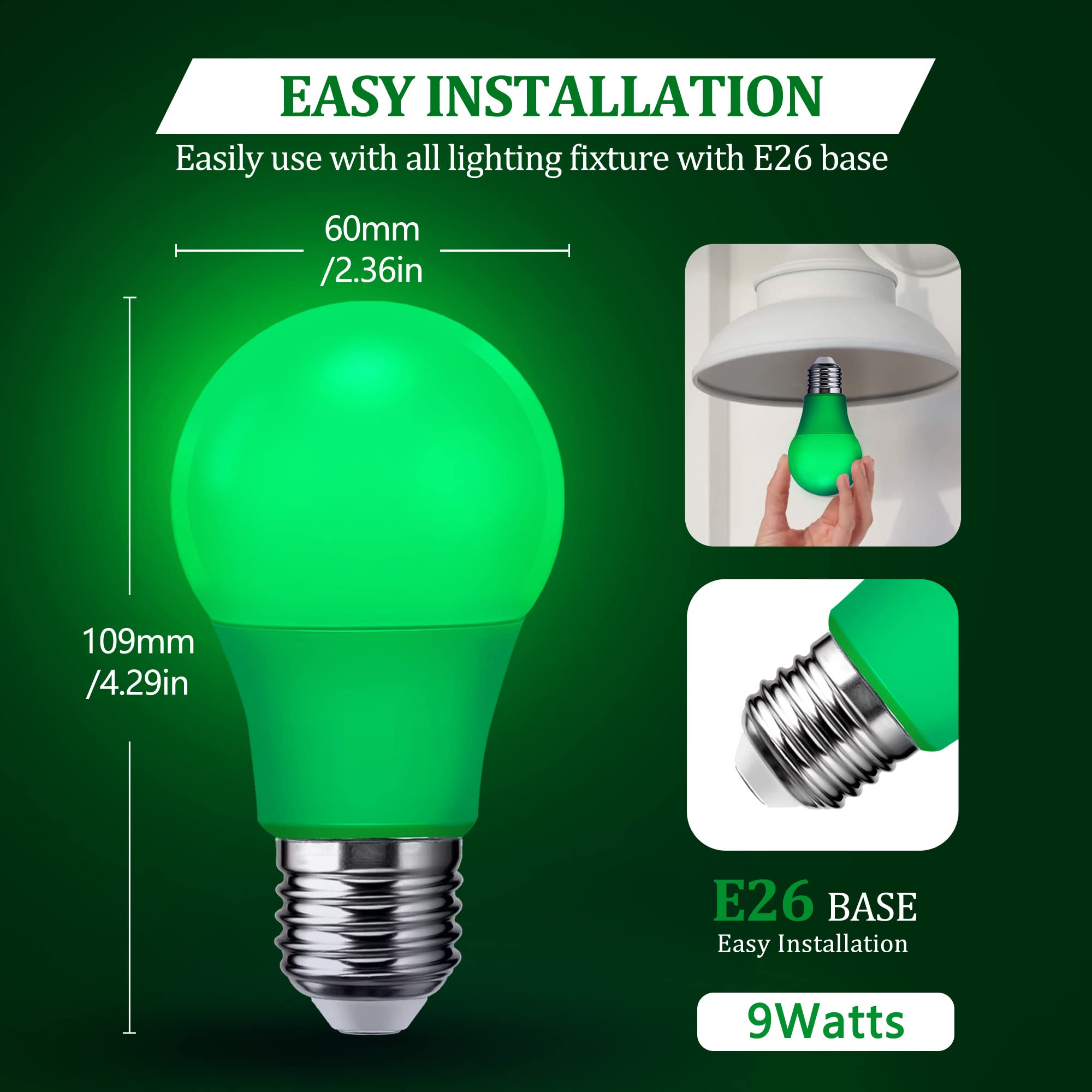 Flaspar 4 Pack A19 Led Green Light Bulb  9W (60Watt Green Colored Light Bulbs Equivalent)  E26 Base Led Green Lights For Christmas Halloween Light Bulb  Party  Porch  Home Lighting  Holiday Lighting