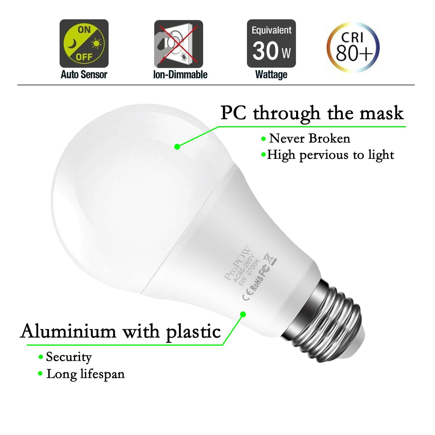 Propow Dusk To Dawn Led Bulbs, 5W A19 Smart Light, Soft White, 2-Pack For Indoor/