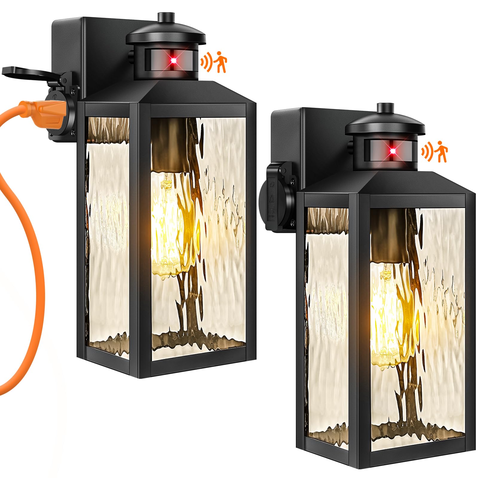 Motion Sensor Porch Lights with Outlets, Black Dusk to Dawn Outdoor Lighting, 3 Lighting Modes Exterior Light Fixtures with Wate