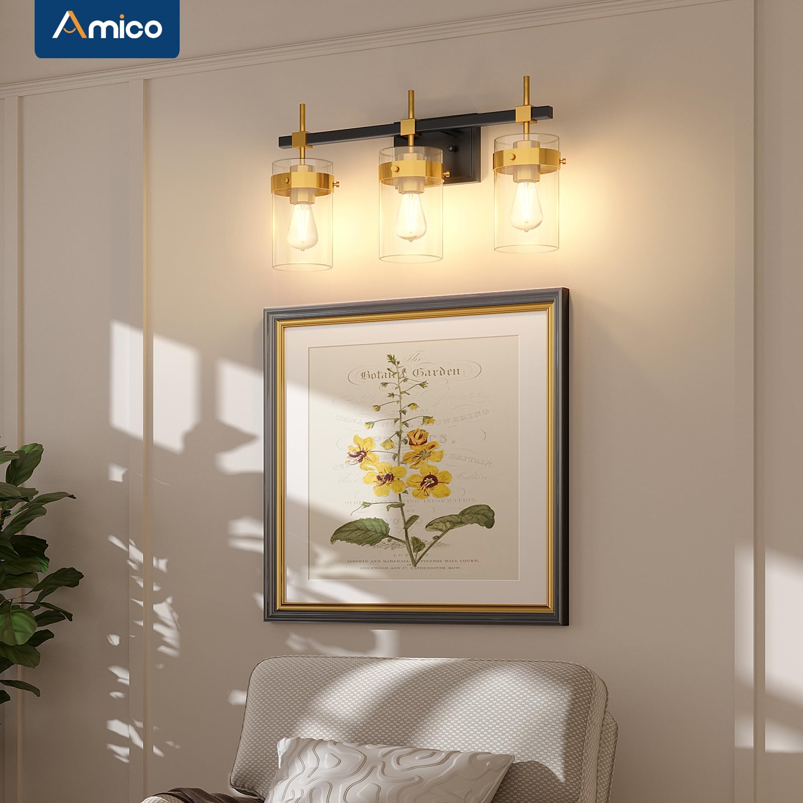 Amico Vintage Vanity Lights For Bathroom, 3-Lights Black And Bronze Light Fixture Over Mirror For Bath Glass Shade Light, Wall S