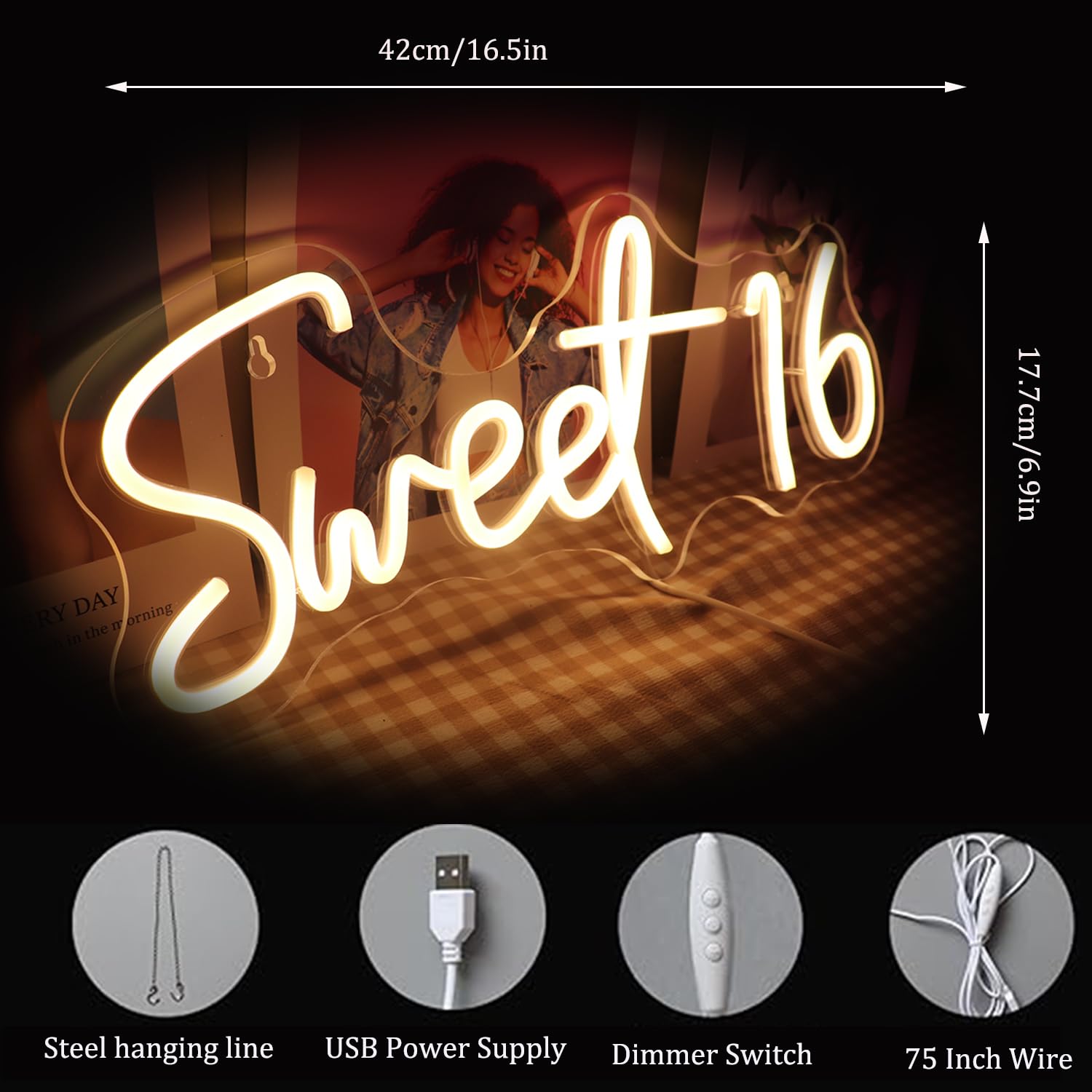 QiaoFei LED Neon Sign for Sweet 16 Birthday, USB Powered with Dimmer, Warm White, Model QFLGT230317013, Room Decor for Girls