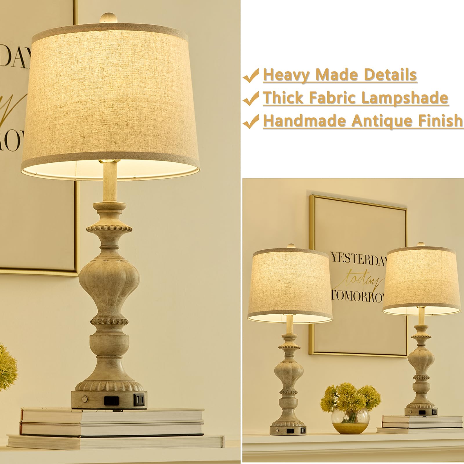 SAIWEYA 27.5" Farmhouse Table Lamps Set of 2, Touch Dimmable, USB & AC Outlet, Gray, Model TM-T03