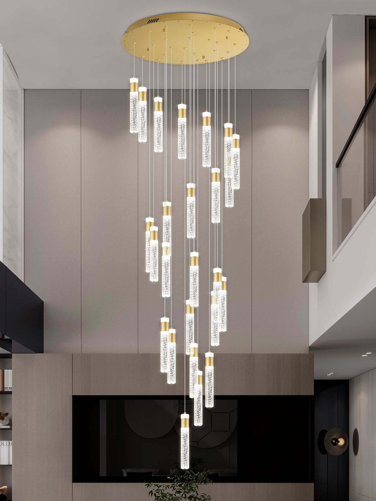 IDEQUY Gold Spiral Staircase Chandelier, 130 Inch, 25-Light for High Ceilings, Model CF8029-25J