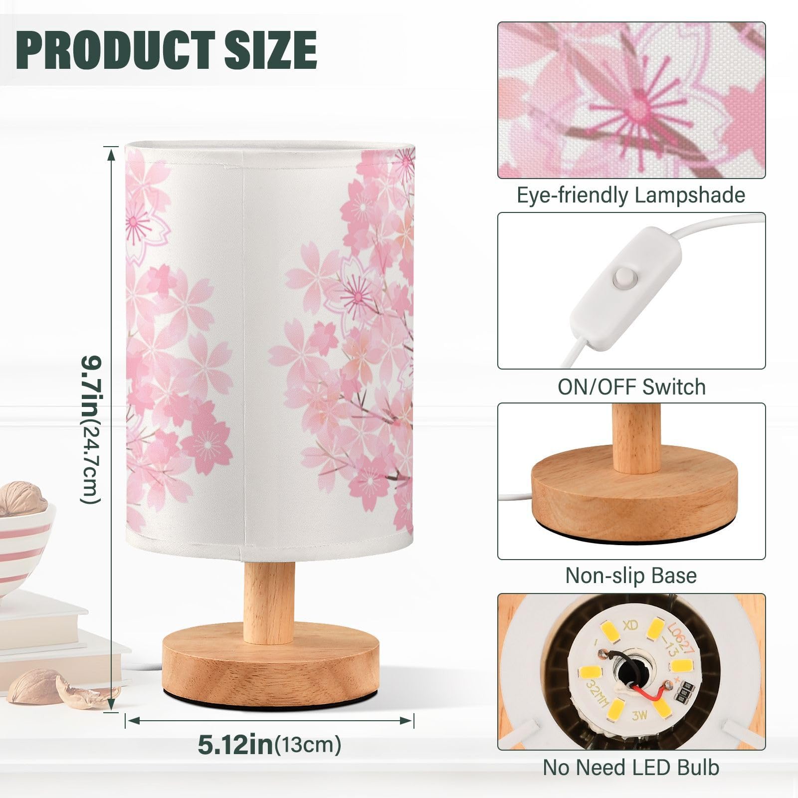 Yyzzh Table Lamp Pink Cherry Blossom Tree Spring Flower Nightstand Lamp With Wood Base Fabric Lamp Shade Bedside Desk Lamp For L