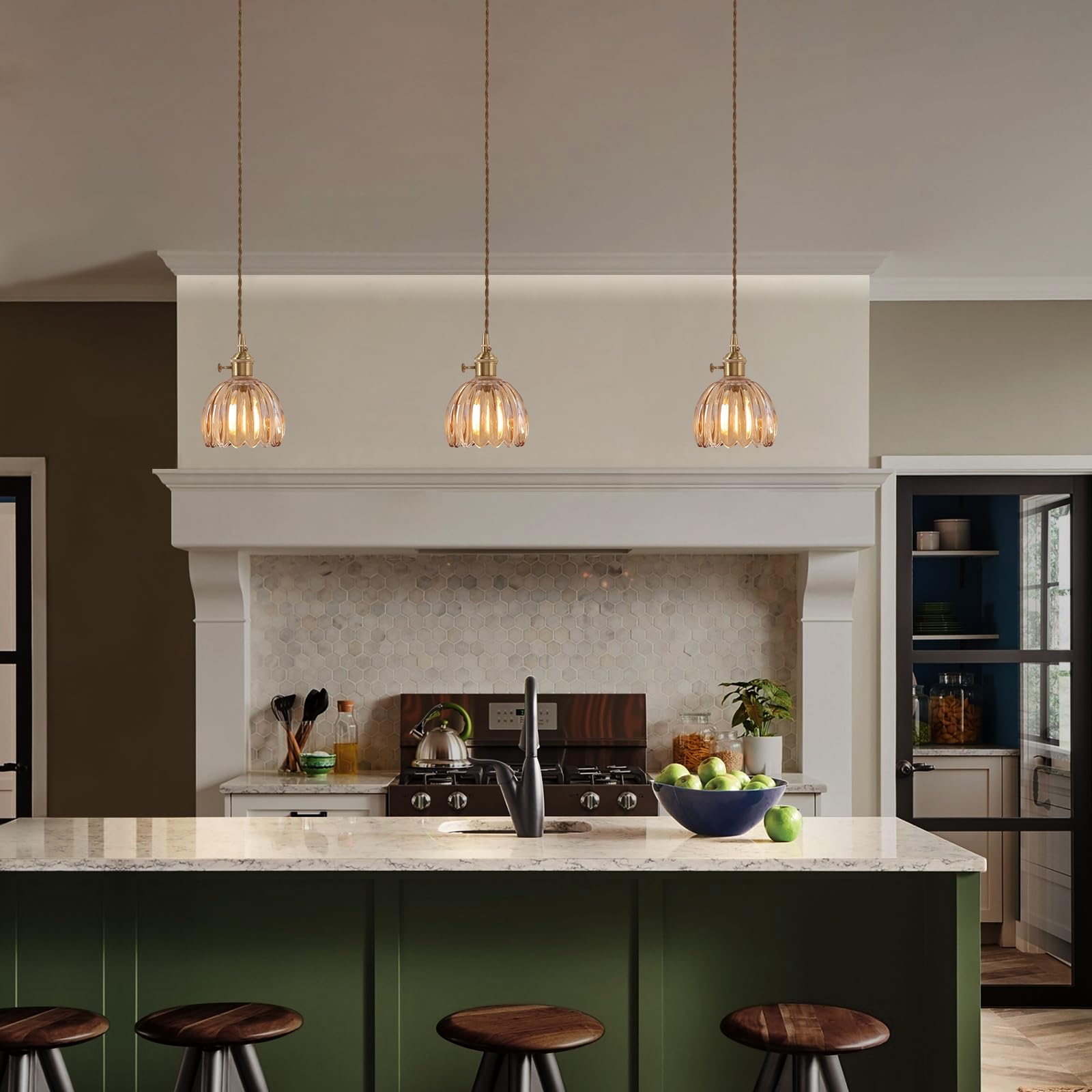 Shenmoyl Mini Pendant Light With Amber Tulip Glass Lmapshade, Brass Vintage Pendant Light Adjustable Hanging Light For Kitchen I