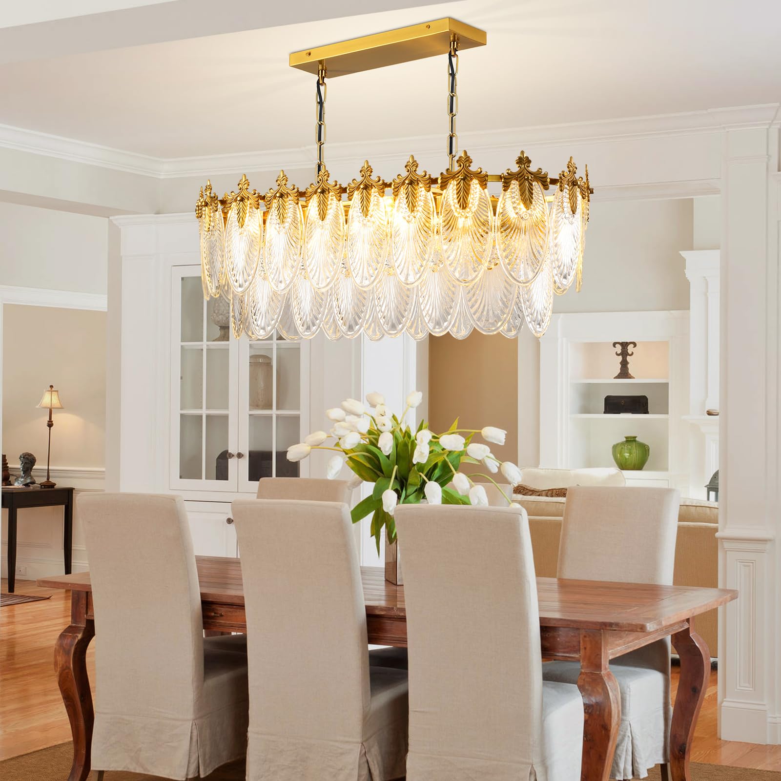 Keluoly Rectangular Crystal Glass Chandelier, L33.5'' Brass Gold Chandelier Lighting Fixture, Height Adjustable Oval Ceiling Pen