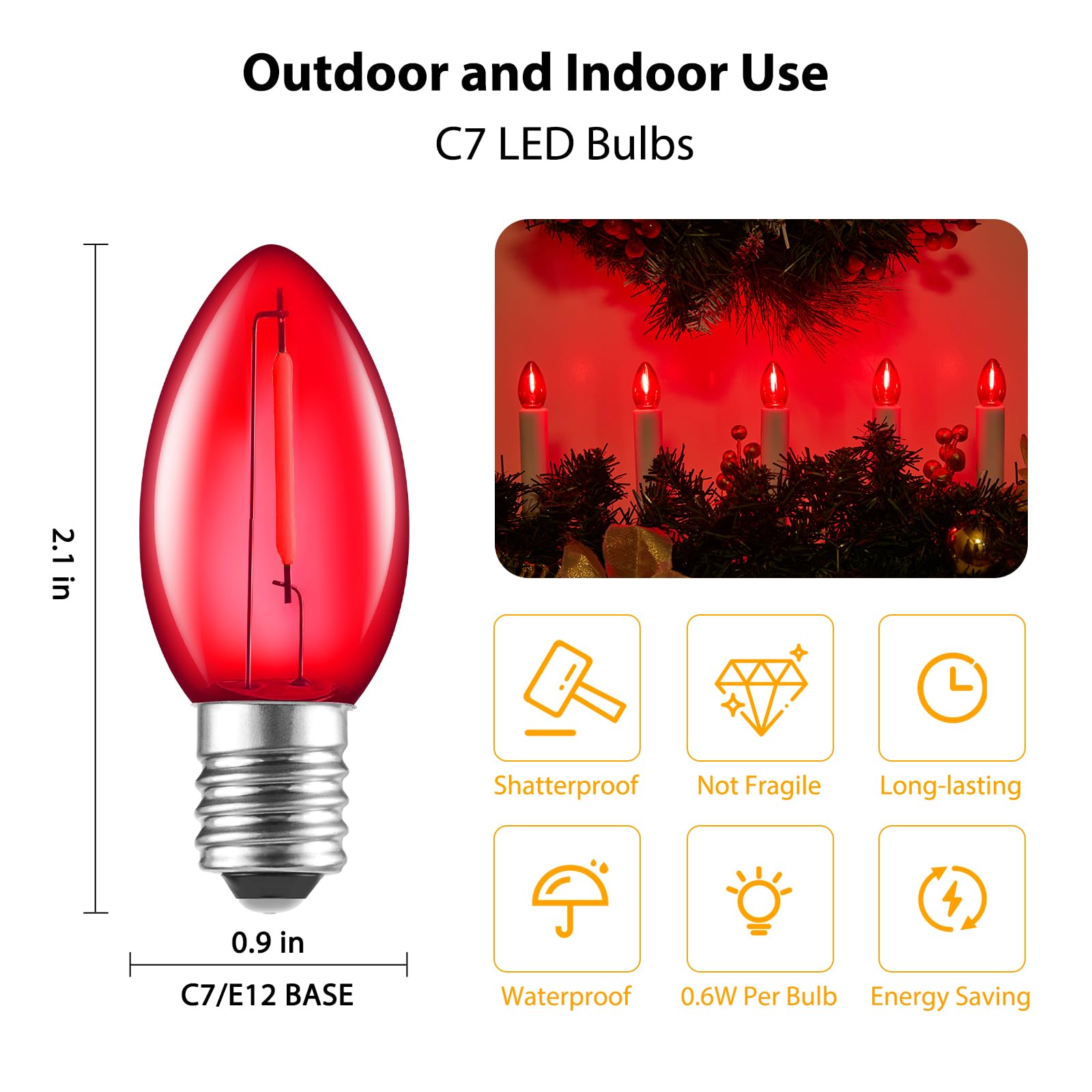 Brightown 50 Pack C7 Red Led Christmas Lights Bulb Replacement Light Bulbs For Christmas String Lights  E12 Candelabra Base  Commercial Grade Holiday Bulbs For Outdoor Indoor Decor Lighting