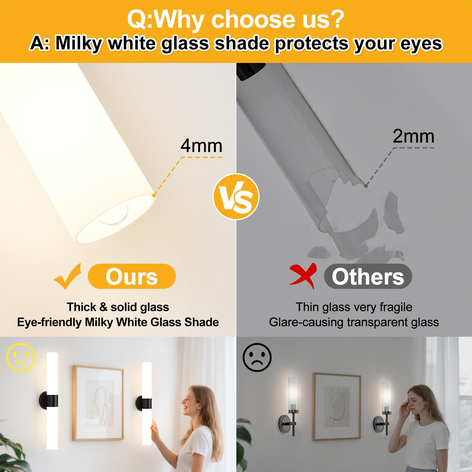 Meybiok Wall Sconces Set of 2, Modern Matte Black & Milky White Glass Lighting for Bathroom, Bedroom, Living Room, Model LTW067