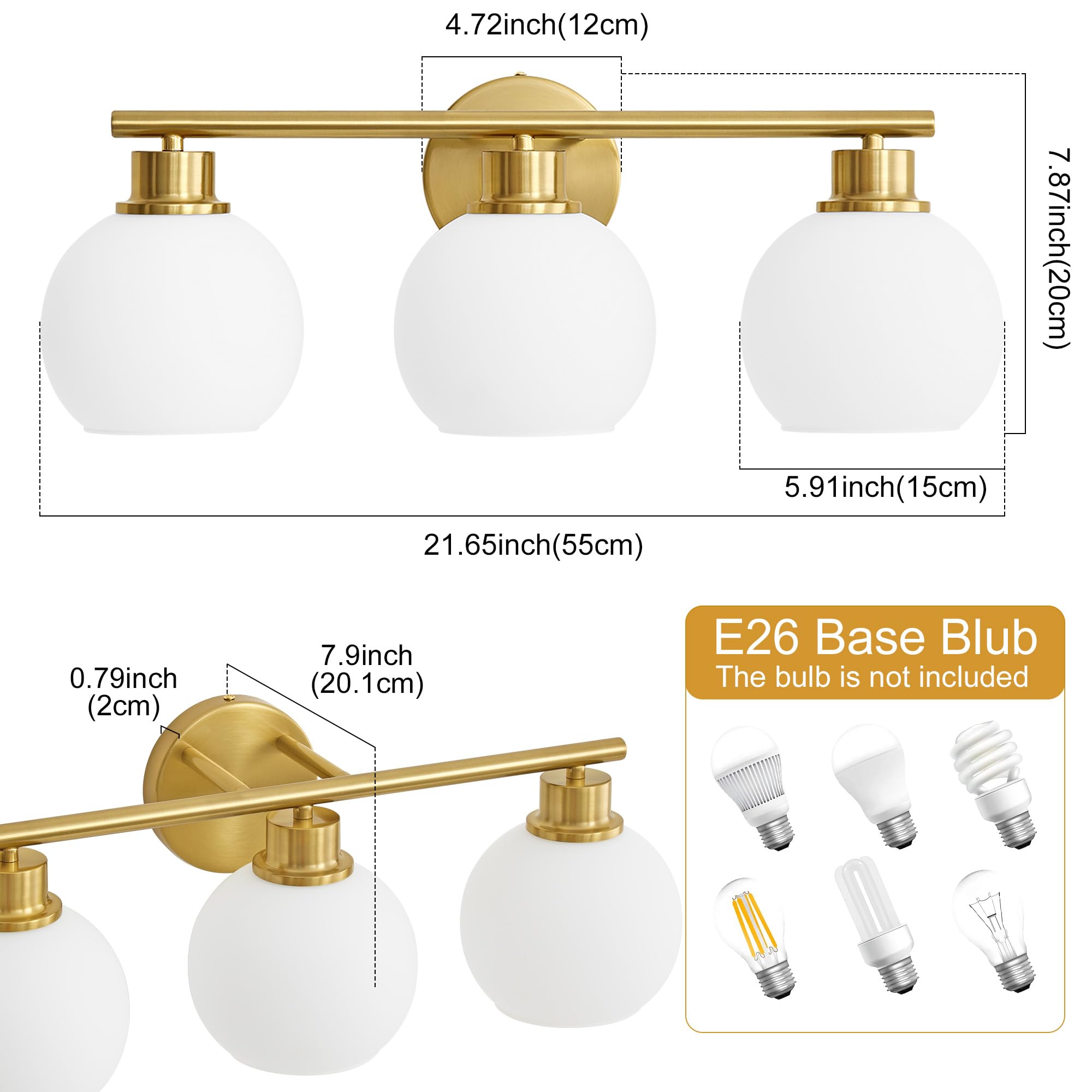 Lanmate Bathroom Vanity Light Fixture 3-Light Milk White Shade 21.65 inch Brass Gold Mid Century Wall Sconce