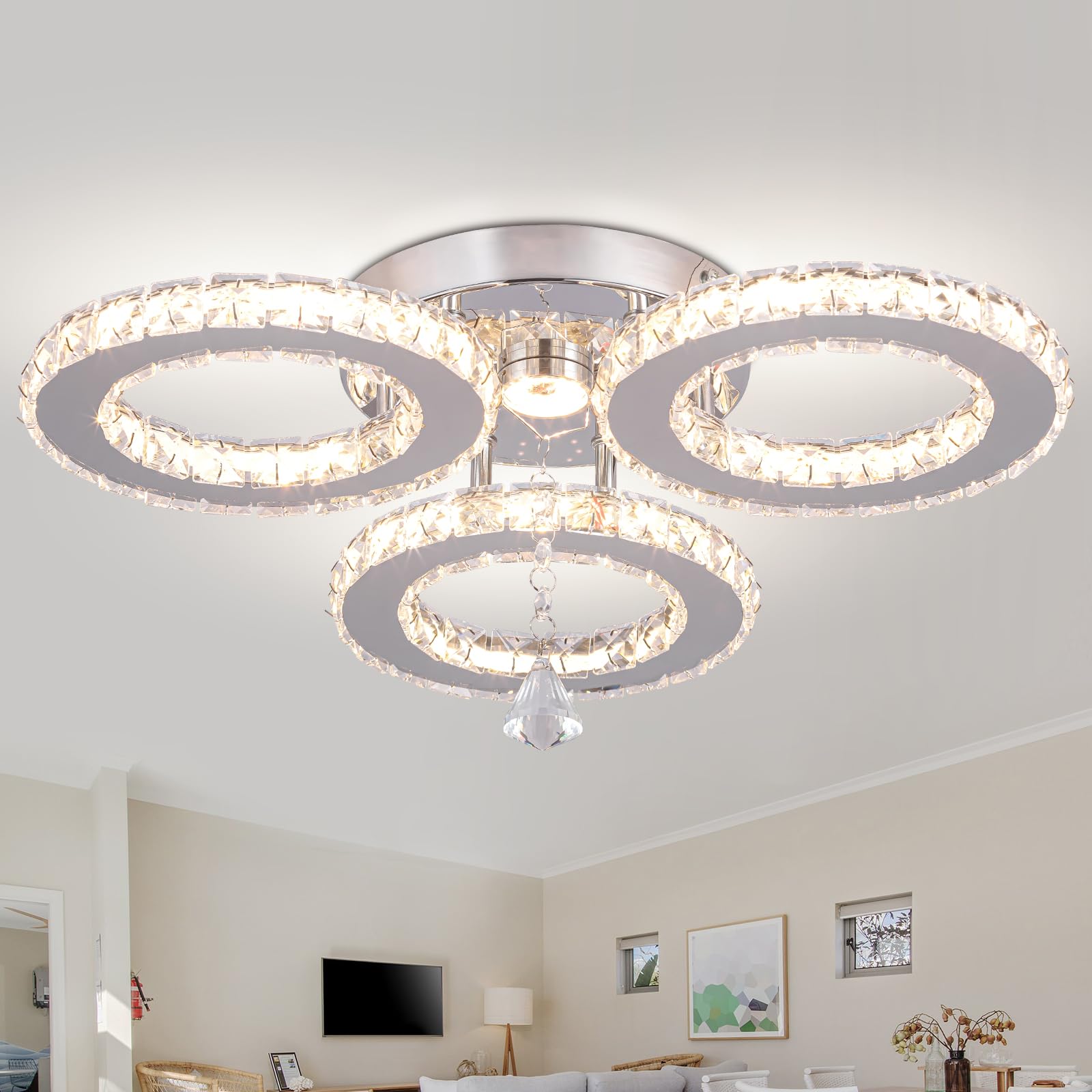 diisunbihuo Dimmable LED Crystal Ceiling Light 13x3.5 Inches 3 Rings Crystal Chandelier Flush Mount Lighting Fixture for Bedroom
