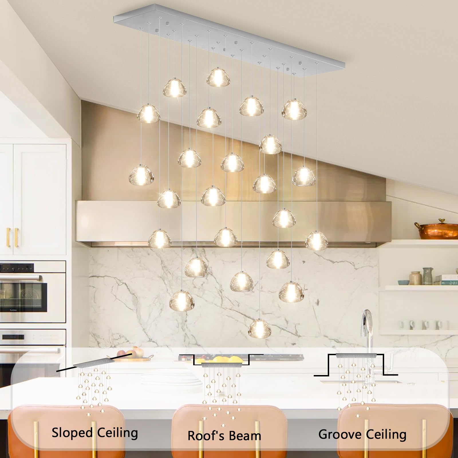dolria 24-Lights Rectangular Crystal Chandelier, LED Pendant Light, Silver, Model PC0010-24Y, Ideal for Living Room, Hallway, Bedroom