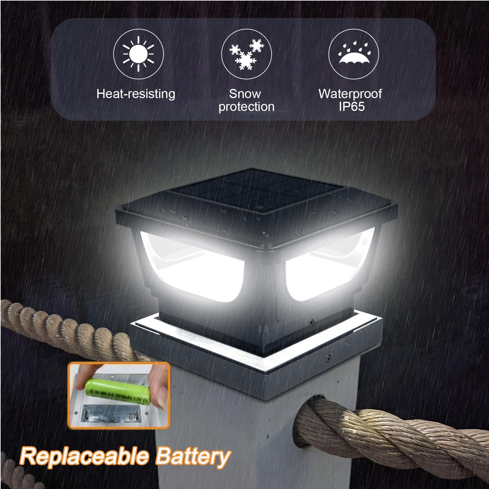 Sumaote Solar Post Lights - 4x4 & 3x3 PVC/Vinyl Cap Light, IP65 Waterproof, Black, 2 Pack, well-made ABS+PC