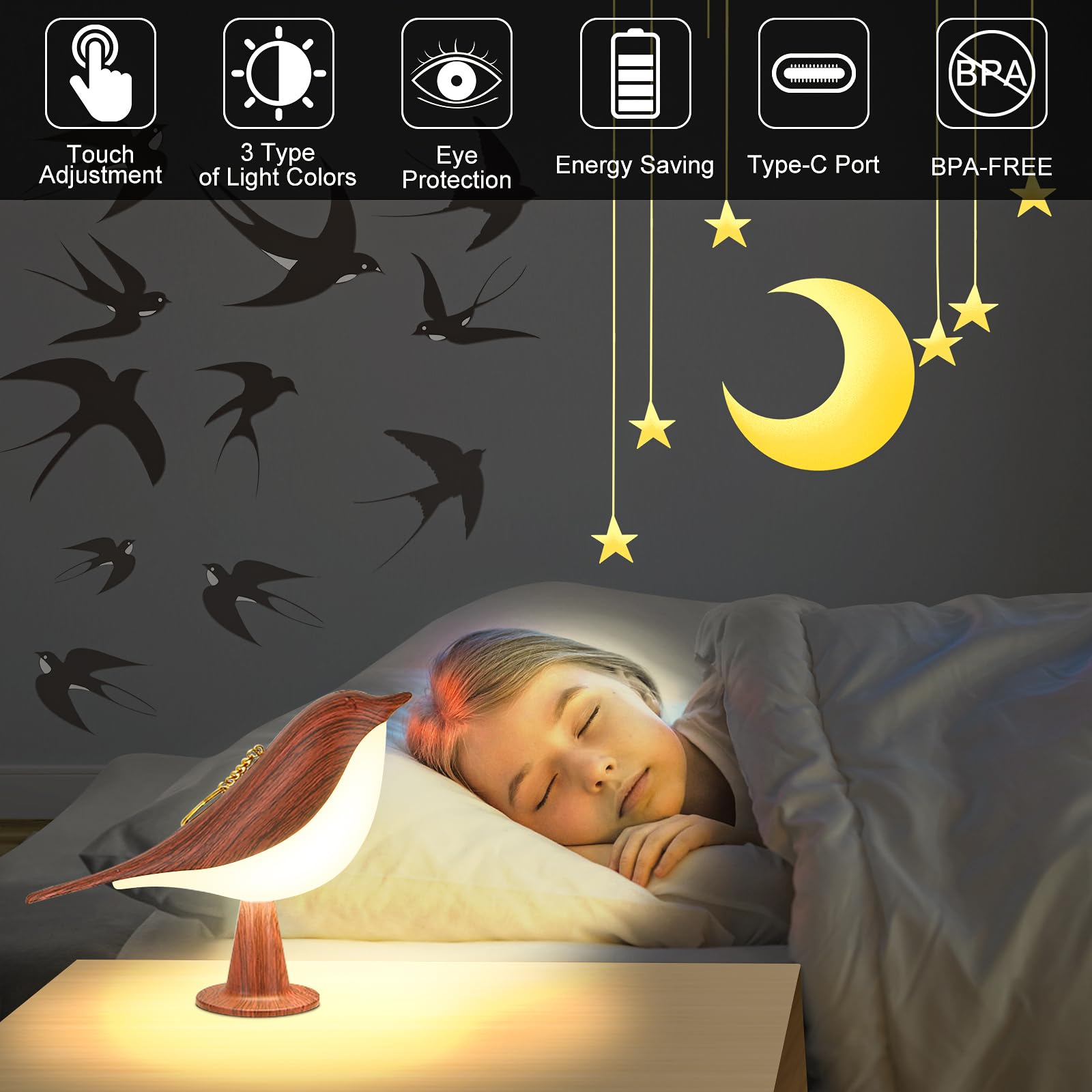 Godenba Small Cordless Birds Lamp, Touch Night Light With 3 Color Temperature/Dimmer Brightness/Touch Sensor/Aroma Diffuser, Rec