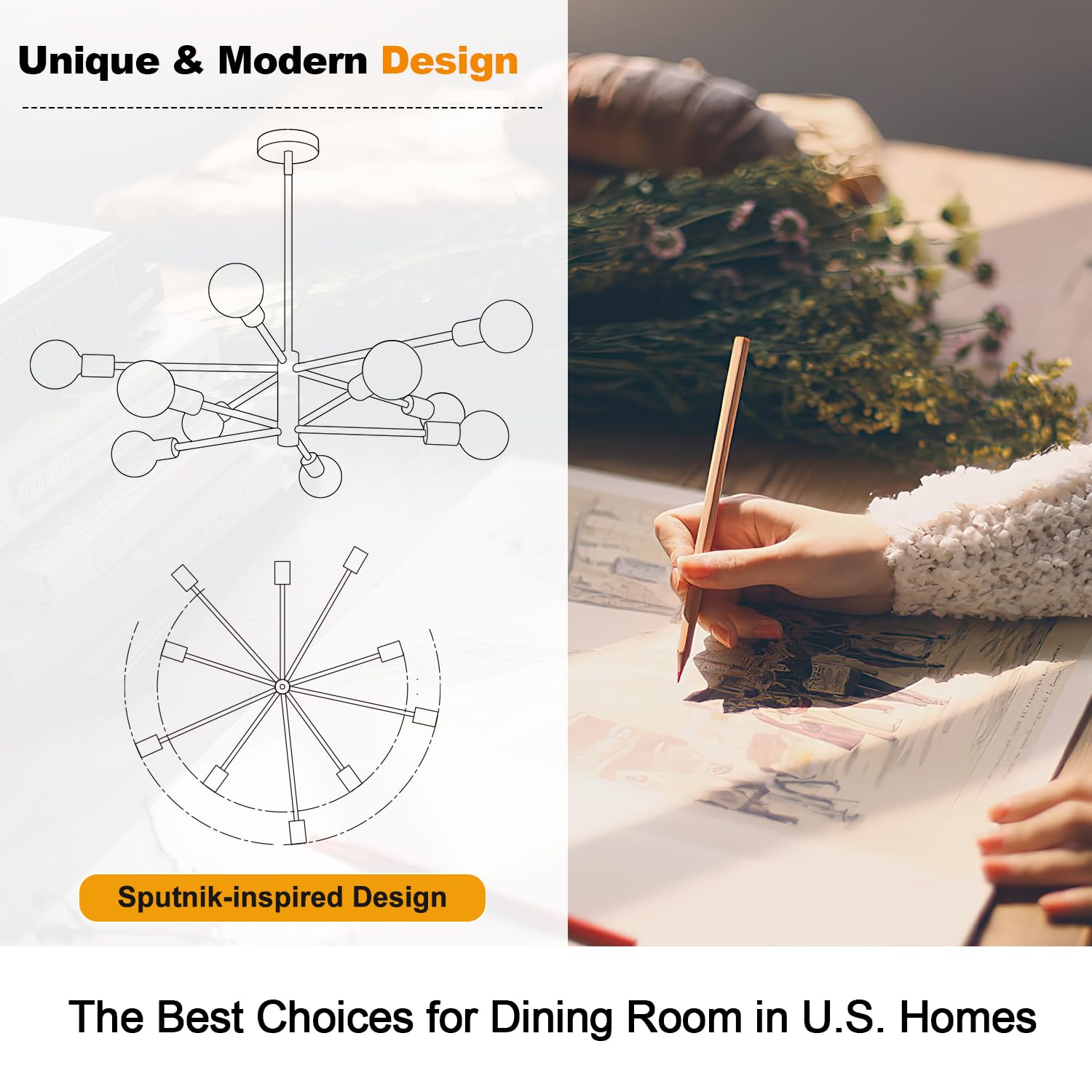 33'' Modern Chandelier Ceiling Light Fixture, 10-Light Sputnik Chandeliers Gold And Black Dining Room Light Fixture, Height Adju