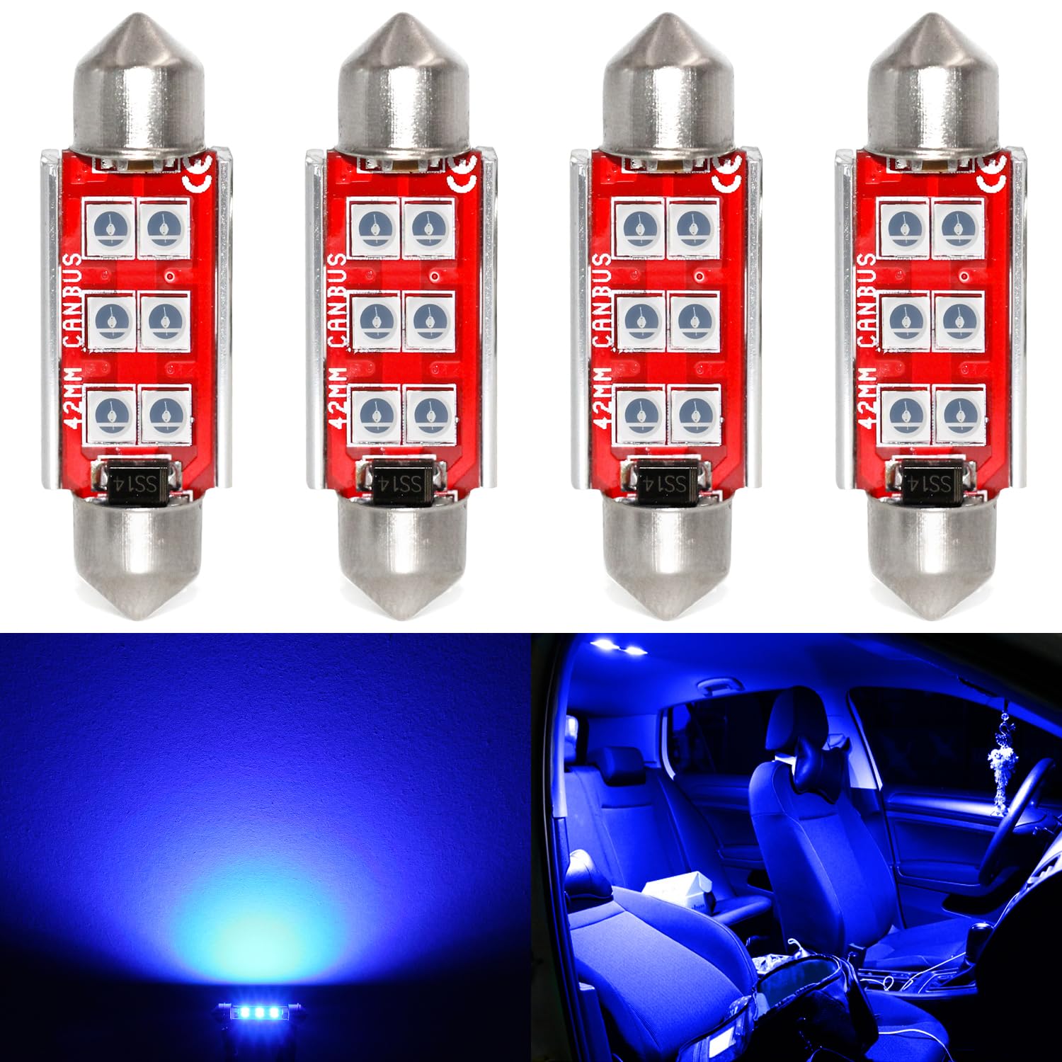 PHINLION LED Bulb 3030 6-SMD Festoon 41mm Blue (4 Pack) for Car Interior Dome Trunk Courtesy Light