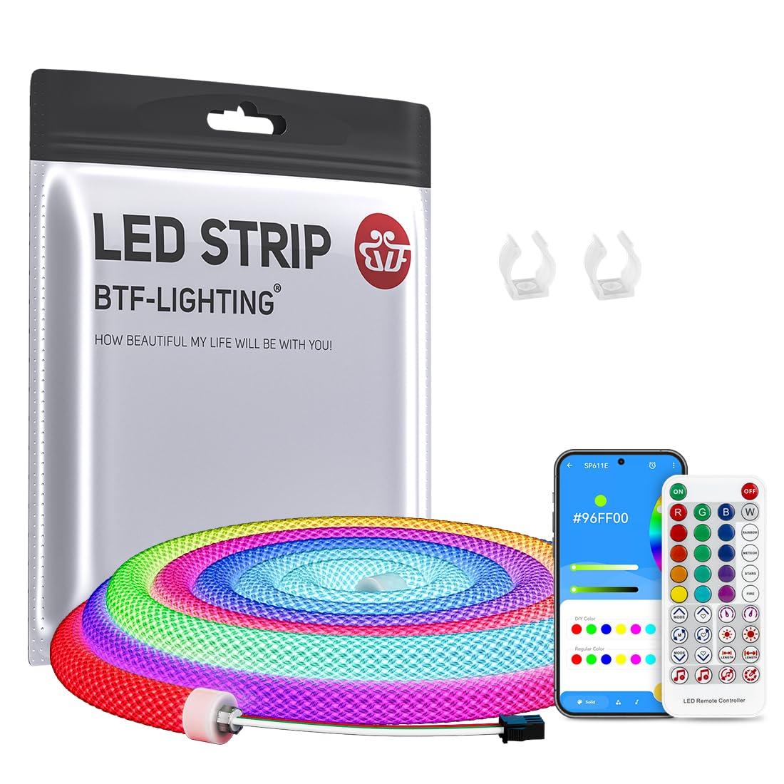 BTF-LIGHTING 3.2FT WS2811 WS2812B IC RGB 360 Degree Round Reticulate Chasing Color Neon LED Strip Kit Bluetooth Controller Flexi