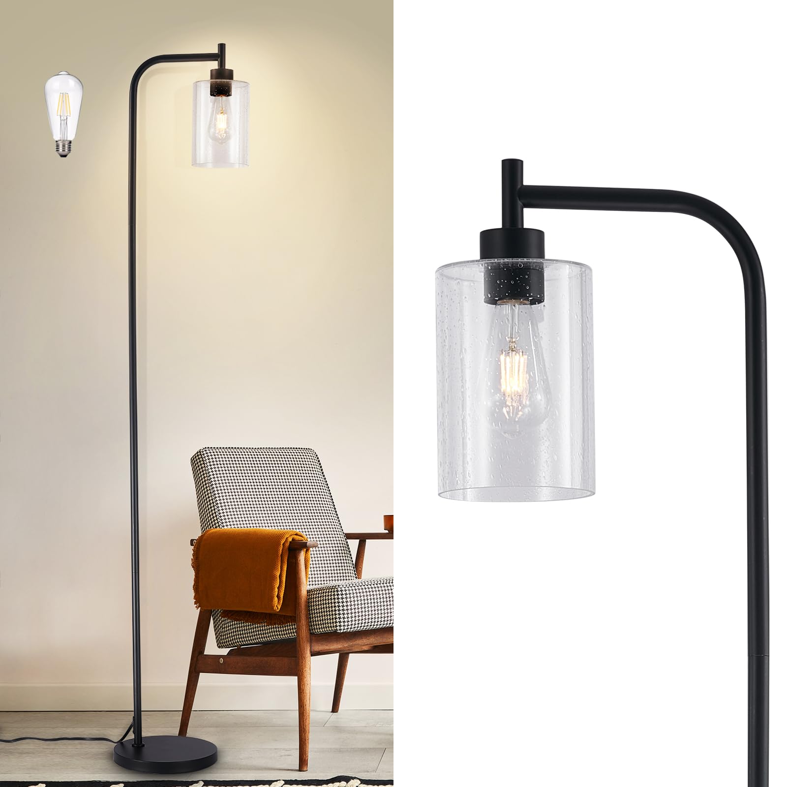 Dllt Floor Lamp Tall For Room: Black Standing Lamp With Seeded Glass Lampshade For Living Room - Modern Bright Lamp For Bedroom 