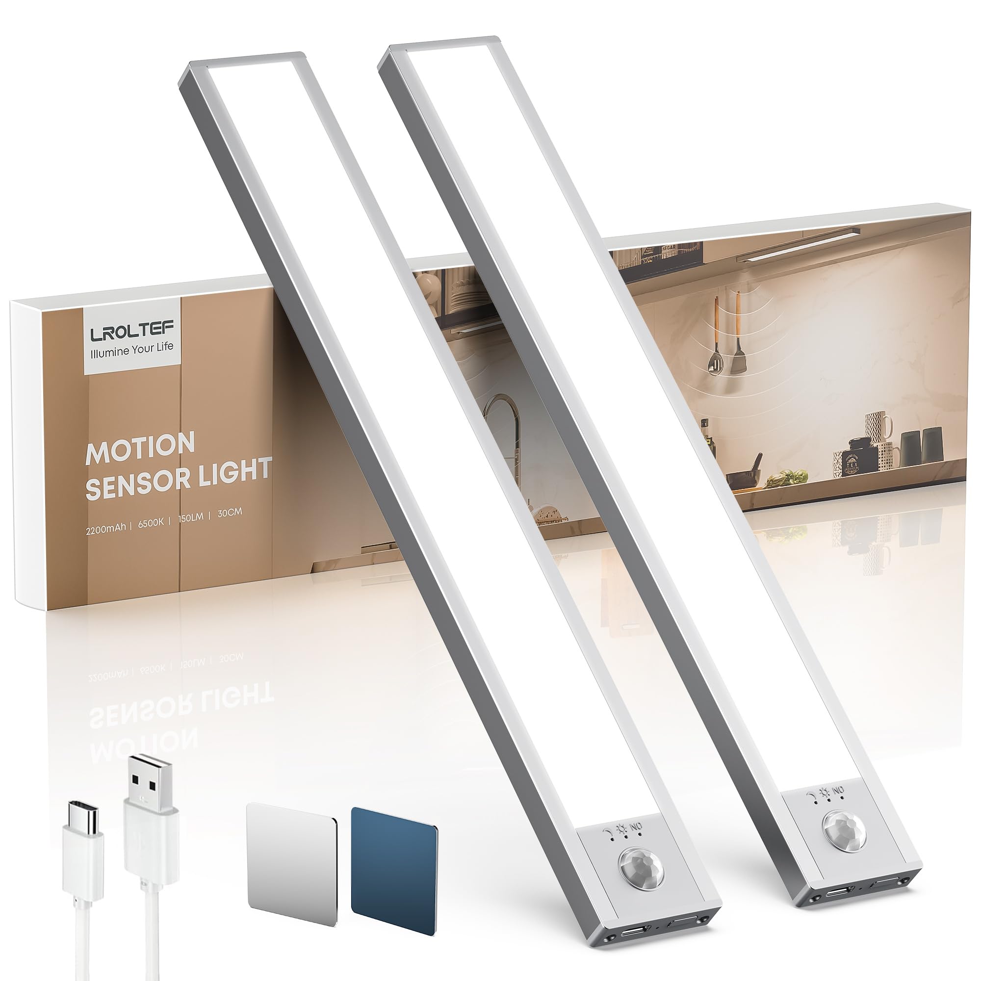 Lroltef Under Cabinet Lights, 2 Pack Magnetic Dimmable Closet Lights, 52 Led 2200 Mah Usb Rechargeable Battery Operated Motion Sensor Light Indoor, Wireless Under Counter Lights For Kitchen, Stairs