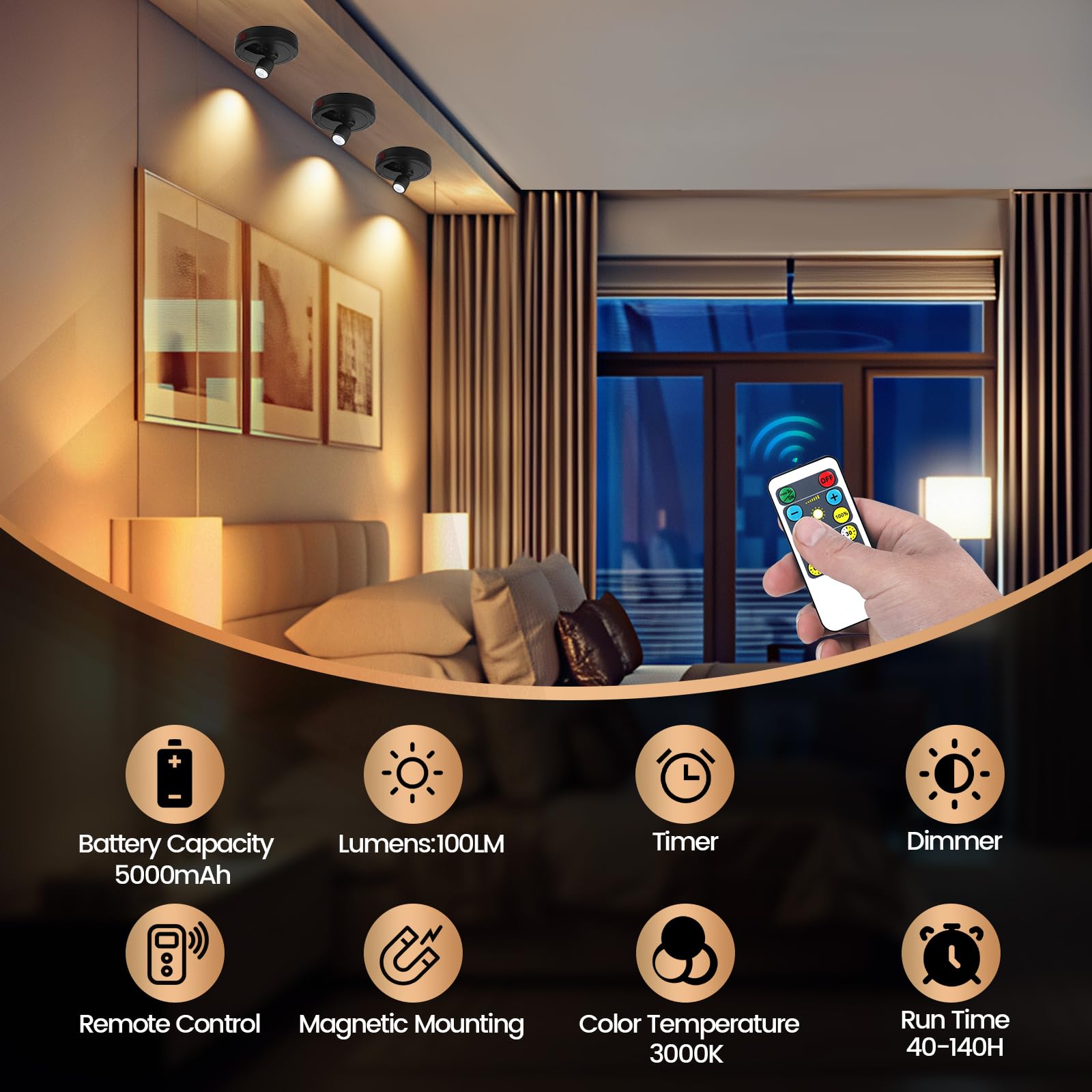 Cordless Spotlight Battery Powered, Indoor Plant Spot Light, Rechargeable Picture Lights with Remote, LED Accent Lighting, Dimma